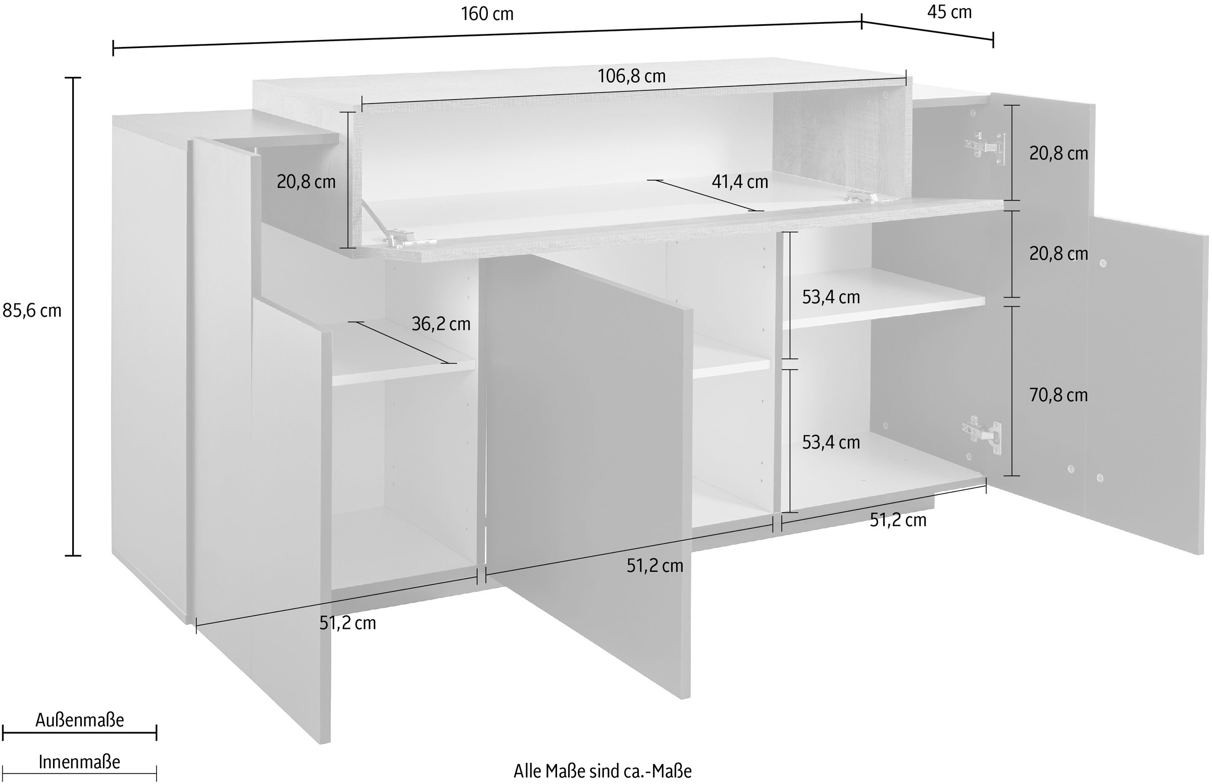 INOSIGN Sideboard »Coro, Kommode, Schrank, Kredenz, grifflos mit Einlegeböden«, mit 1 klappe, 3 Türen, Doppeltiefe B/T/H 160x45x85,6cm