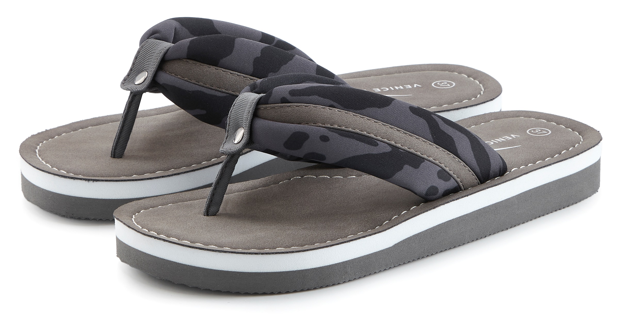 Badezehentrenner VENICE BEACH "Sandale, Badeschuh, Pantolette, Badelatsche, Flip Flop, Badeschlappe", Damen, Gr. 36, grau, schwarz, Obermaterial: 80% Textilmaterial, 20% Lederimitat. Decksohle: 100% Lederimitat. Futter: 100% Textilmaterial. Laufsohle: 100
