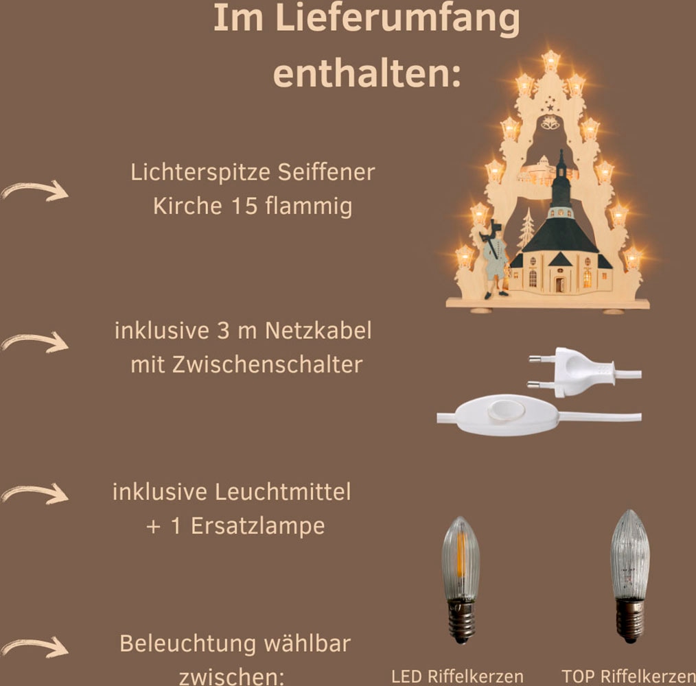 Weigla LED Lichterbogen »Seiffener Kirche, große Lichterspitze aus Holz«, Erzgebirge garantiert, Weihnachtsdeko Innen, Weihnachtsbeleuchtung