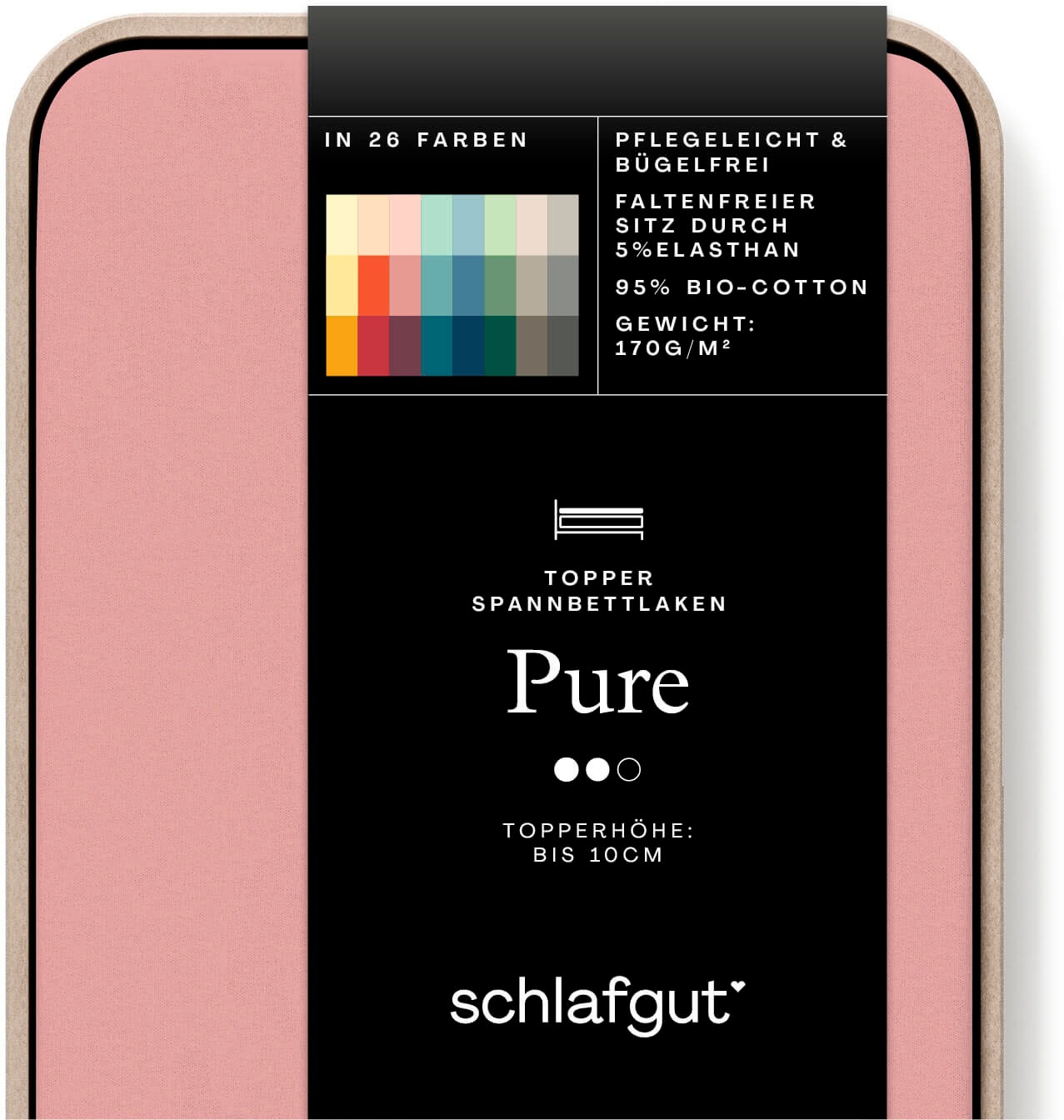 Schlafgut Spannbettlaken "PURE TOPPER Bio-Baumwolle mit Elasthan 170 g/m² für Topper bis 10 cm" PREMIUM Laken für Matratzen bis 10 cm Höhe, dehnbar, blickdicht