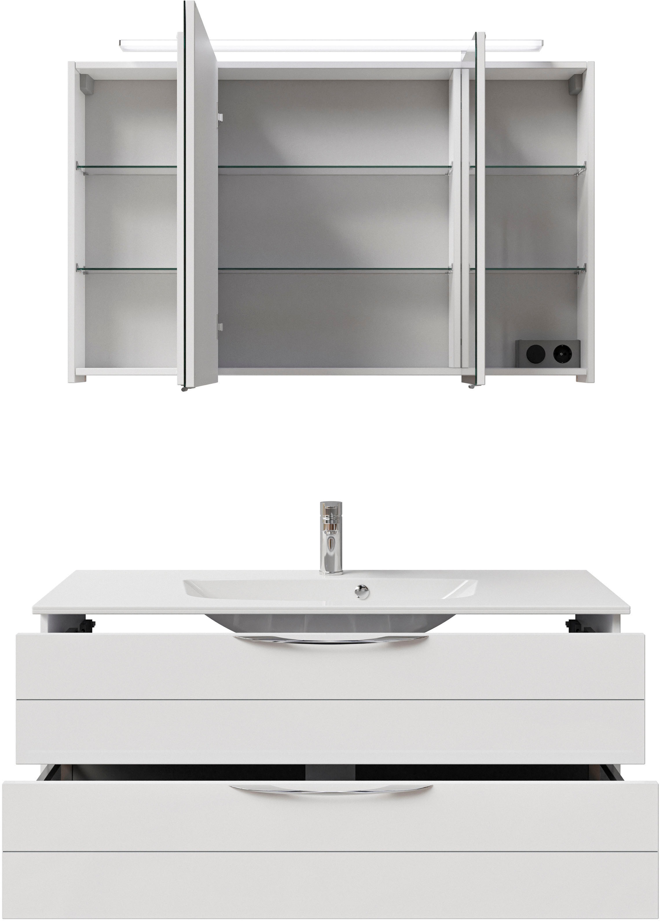 Saphir Badmöbel-Set »Serie 6025 2-teilig Mineralmarmor-Waschtisch mit LED-Spiegelschrank«, (2 St.), Waschplatz 117cm breit, 2 Schubladen, 3 Spiegel-Türen, inkl Türdämpfer