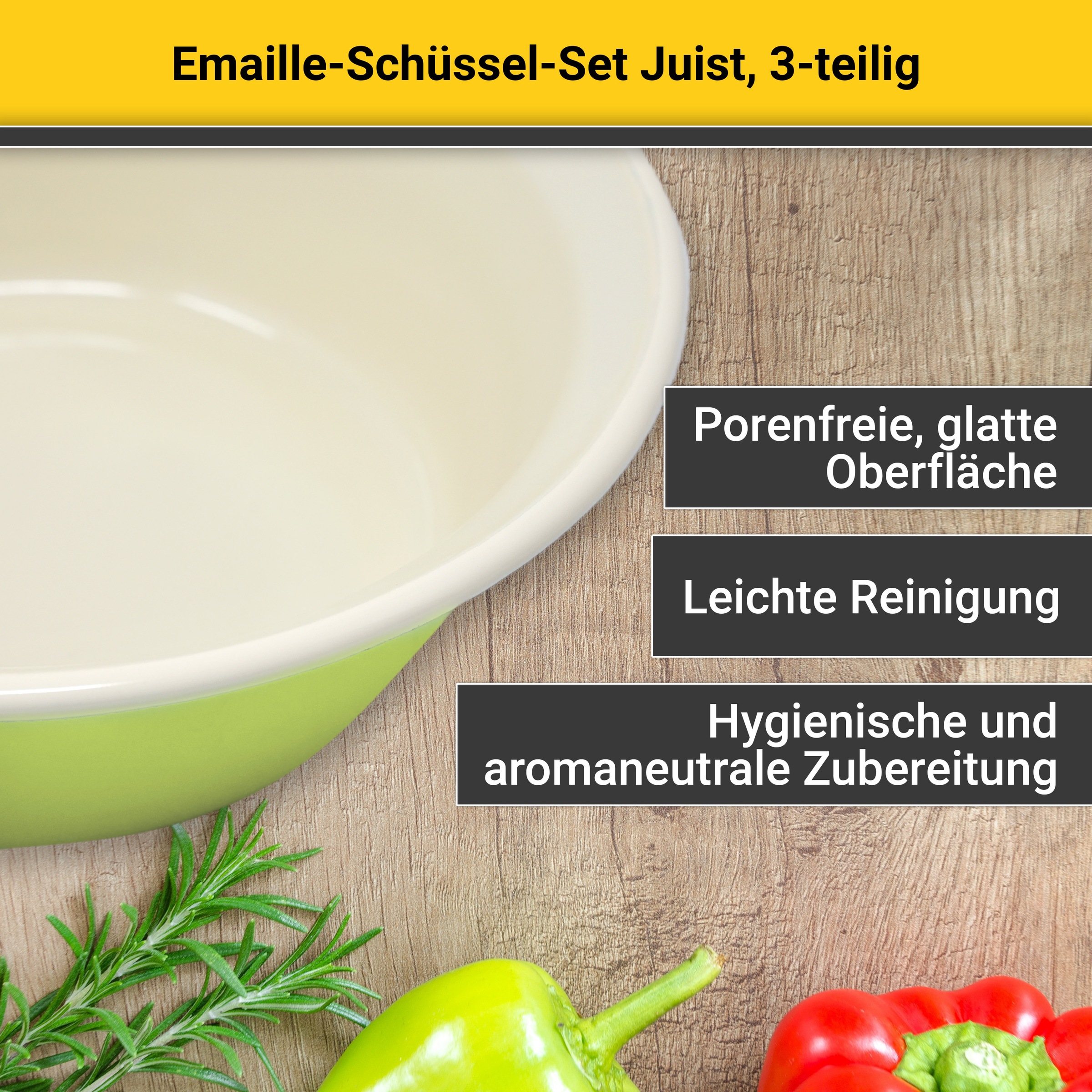 Krüger Schüssel »Emaille Schüssel-Set Juist, 3 tlg. (Ø 20, Ø 24 und Ø 28 cm)« 3 Stk. aus Emaille emailliert, geruchsneutral, geschmacksneutral, kratzfest, schnittfest