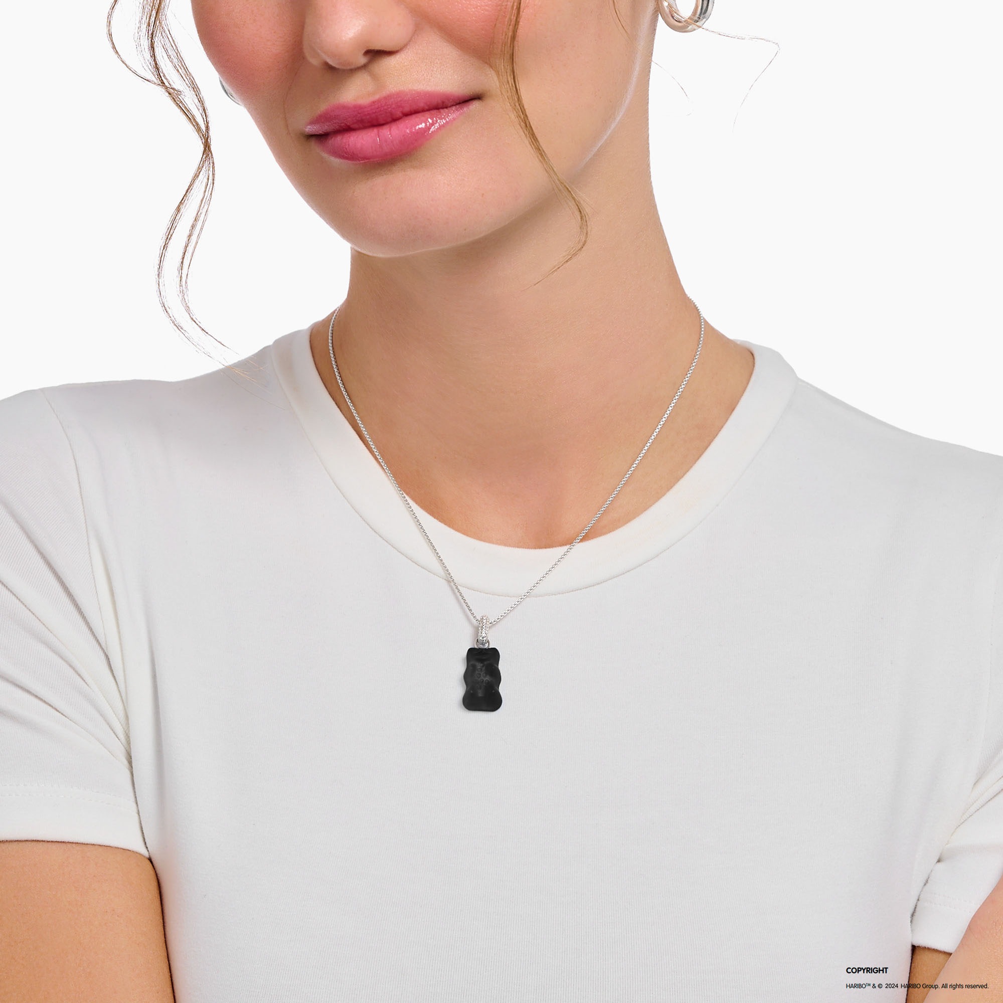 Kettenanhänger THOMAS SABO "THOMAS SABO x HARIBO Schmuck: Großer Anhänger Goldbär", weiß (silberfarben, schwarz, kristallweiß, schwarz, kristallweiß), Schmuckanhänger, Damen, Silber 925 (recycelt), 4,05 g, Kettenanhänger, mit Kristallglas, Zirkonia (synth 2