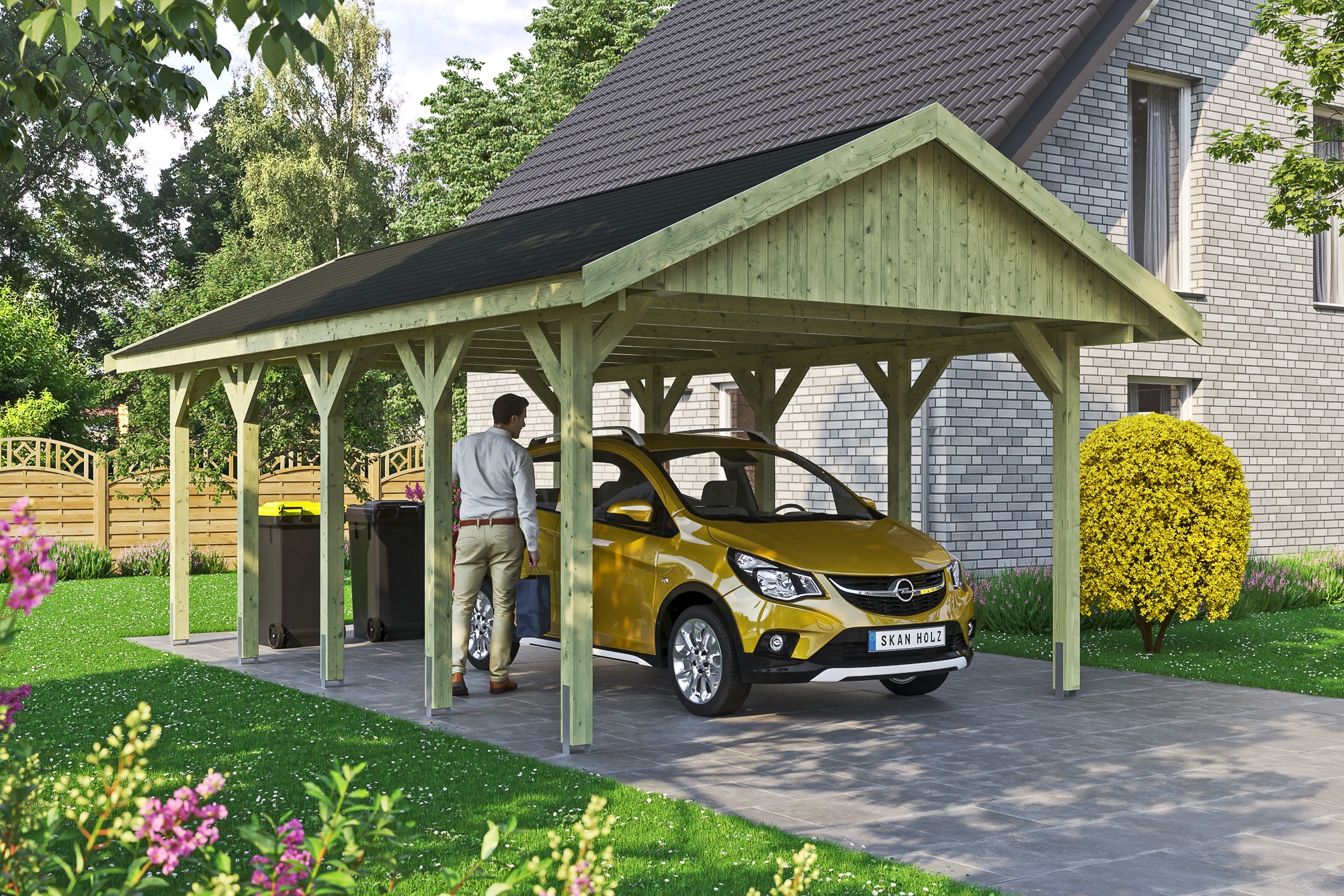 Skanholz Einzelcarport »Wallgau«, Nadelholz, 340 cm, Grün, mit schwarzen Dachschindeln