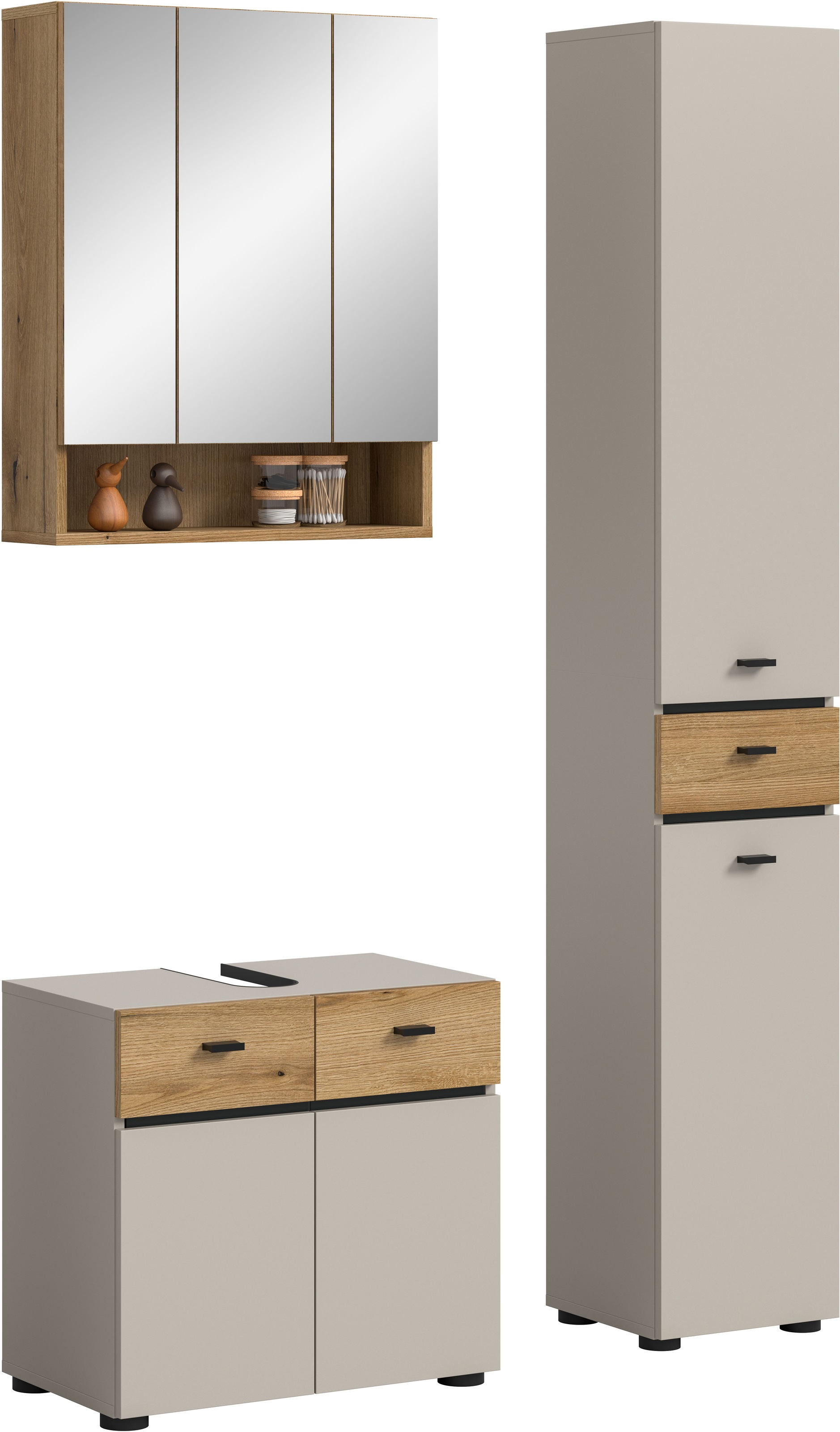 welltime Badmöbel-Set "VANN, 3-teilige moderne Badkombination, individuell stellbar" 1x Waschbeckenunterschrank, 1x Spiegelschrank, 1x Hochschrank, 3 Stk. tlg.