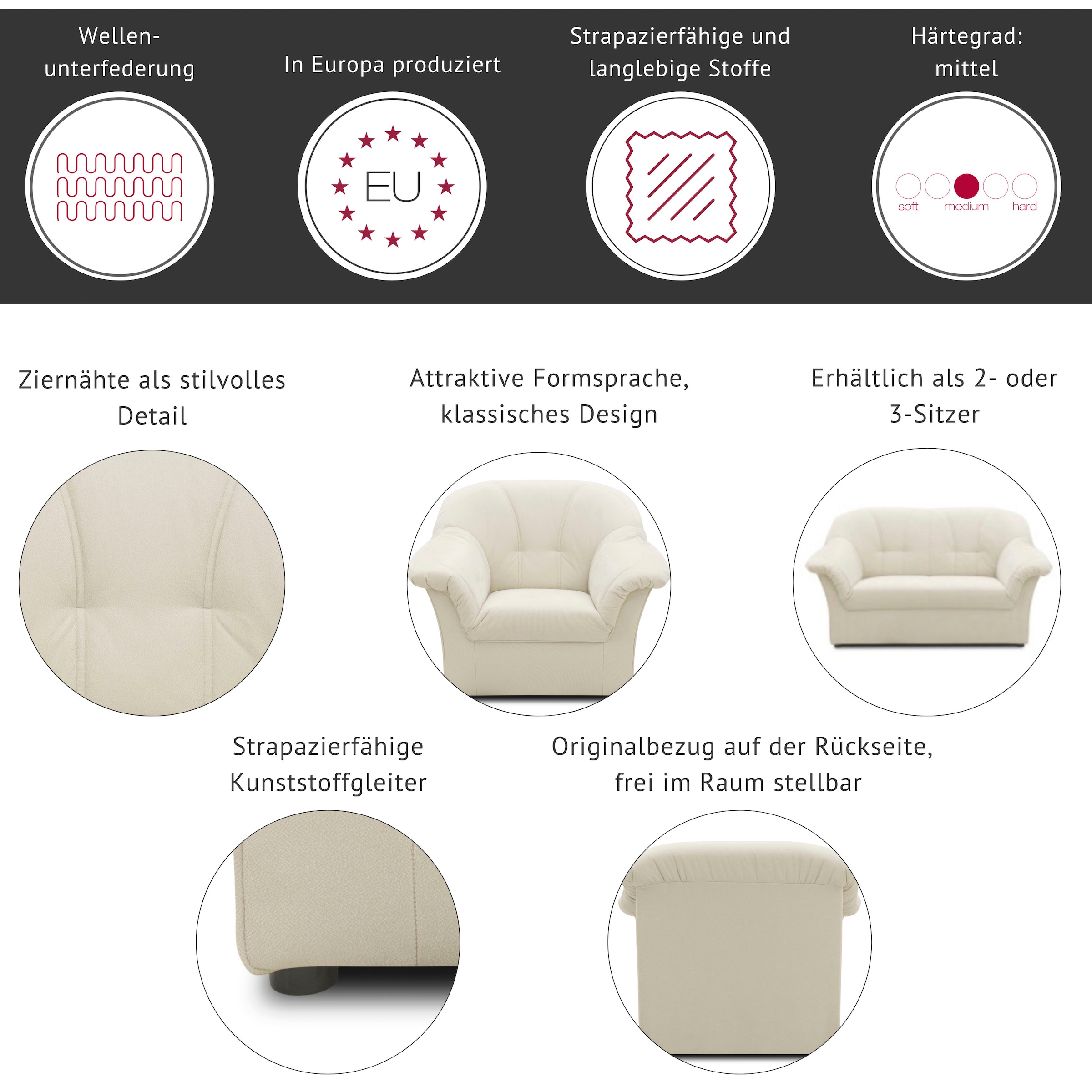 DOMO collection Polstergarnitur »Pegnitz zeitlos und elegant« Set,  Sessel und 3-Sitzer