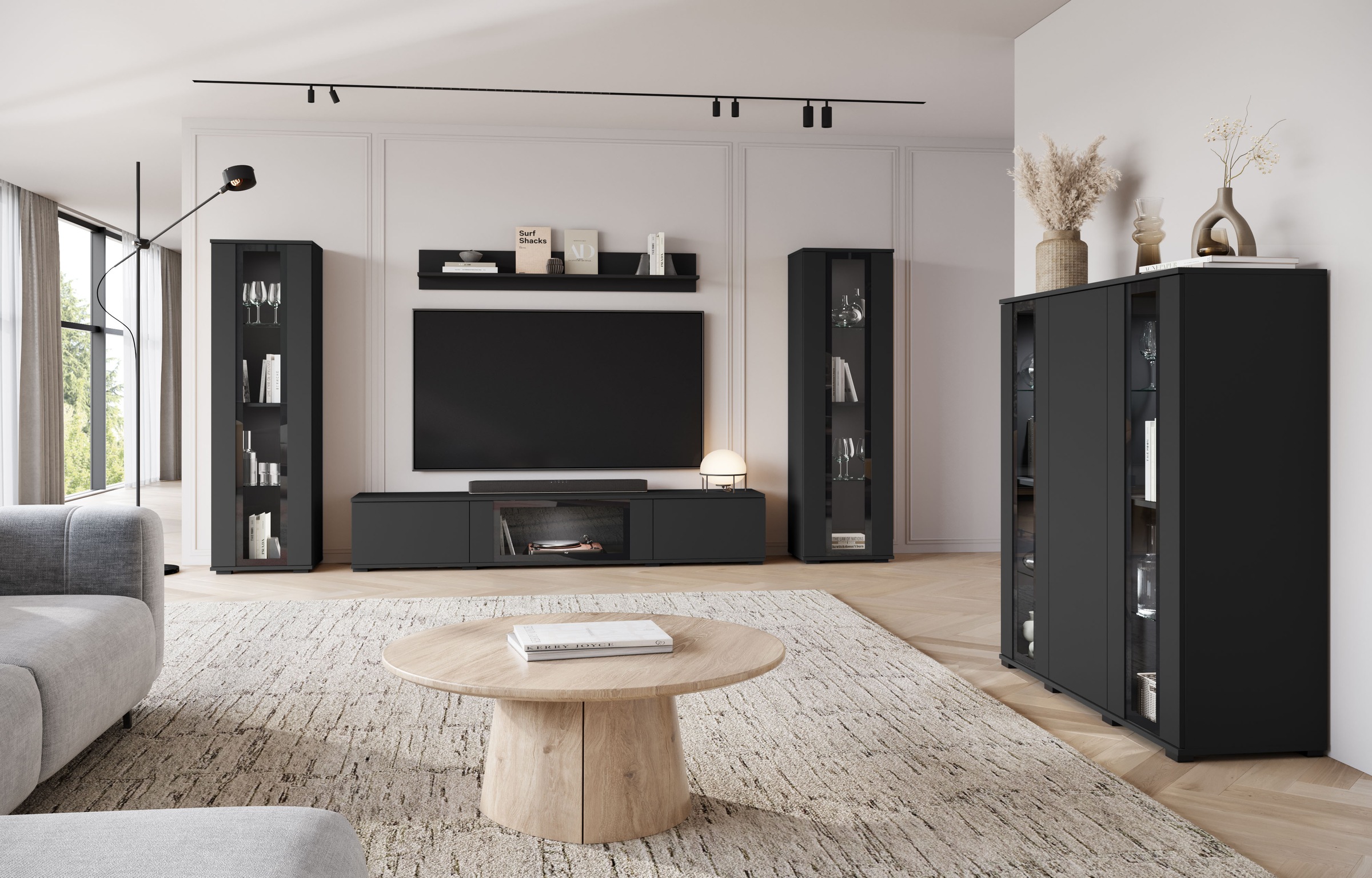 INOSIGN Wohnwand »Caro, stehend und hängend montierbar«, (Komplett-Set, 4 St., Vitrine Türanschlag links/rechts wechselbar), grifflose Design, höhenverstellbare Einlegeböden