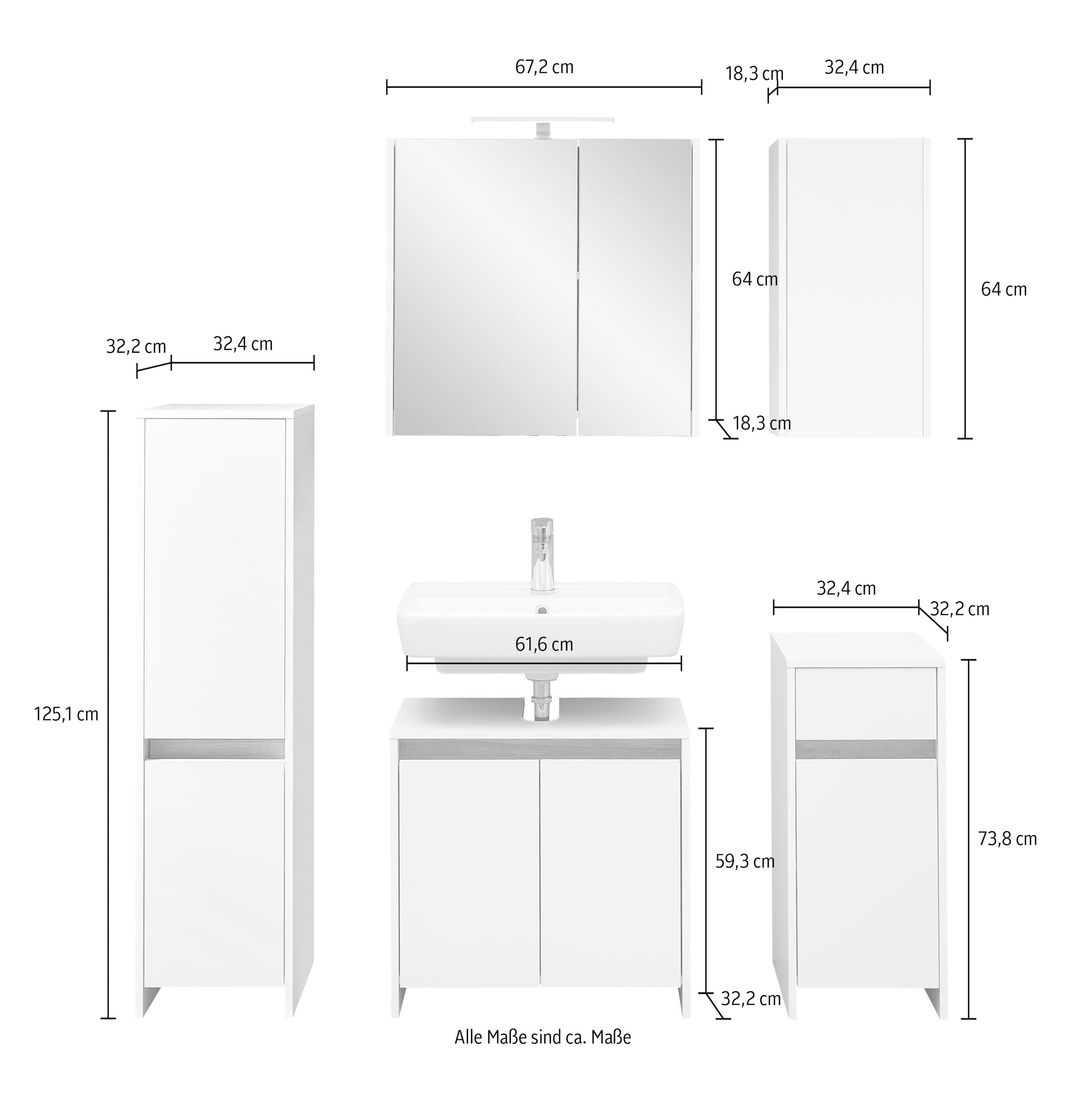 Saphir Badmöbel-Set »Badmöbel-Set Quickset 100, Waschbeckenunterschrank mit Spiegelschrank«, (5 St.), Badezimmer-Set mit Unterschrank, Hängeschrank und Midischrank in Weiß