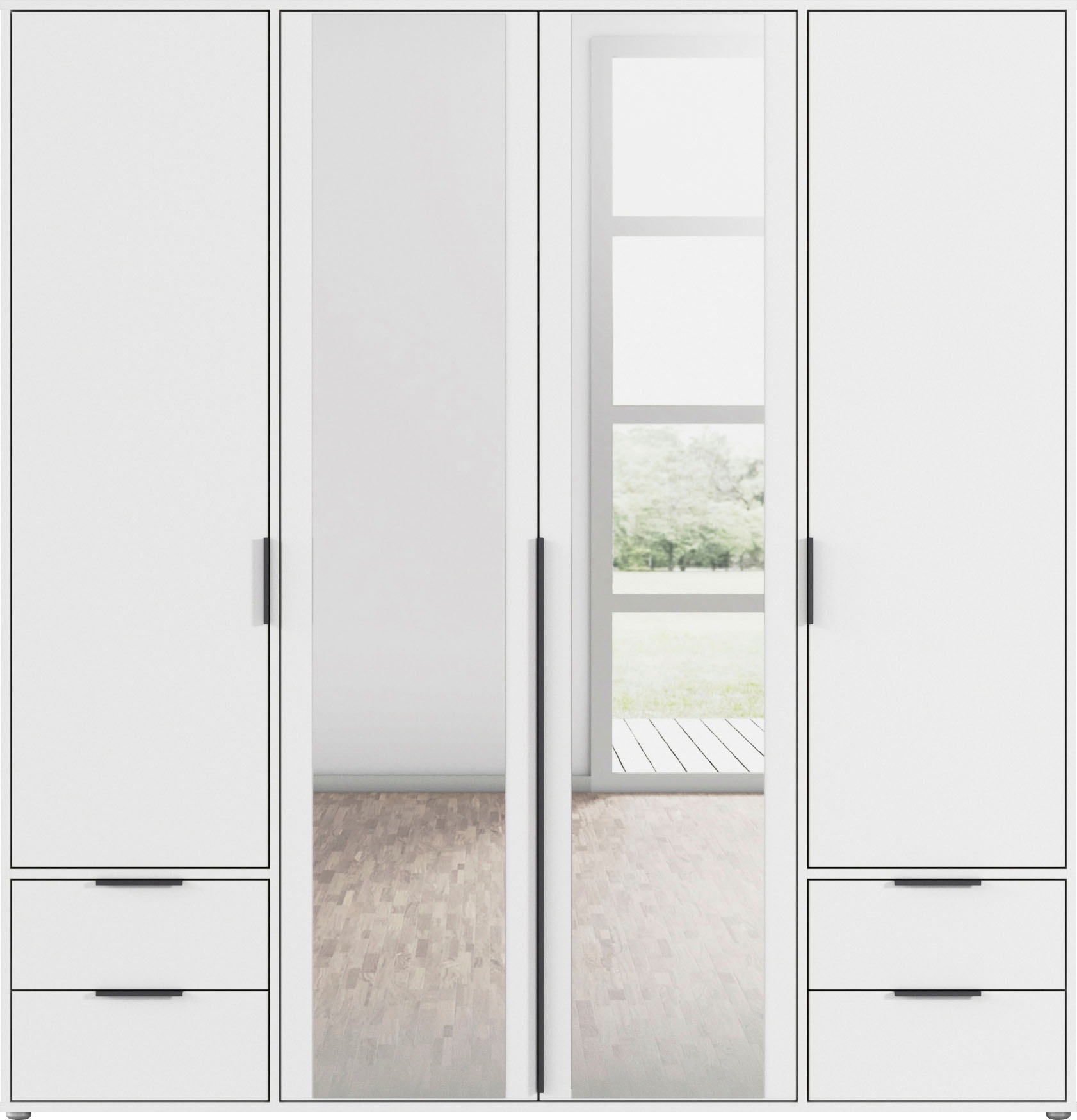 rauch Drehtürenschrank »Kleiderschrank Schrank Garderobe Wäscheschrank NAGATA mit Spiegel«, (in 3 verschiedenen Ausstattungen BASIC/CLASSIC/PREMIUM), und Schubladen sowie Stangengriffen TOPSELLER MADE IN GERMANY