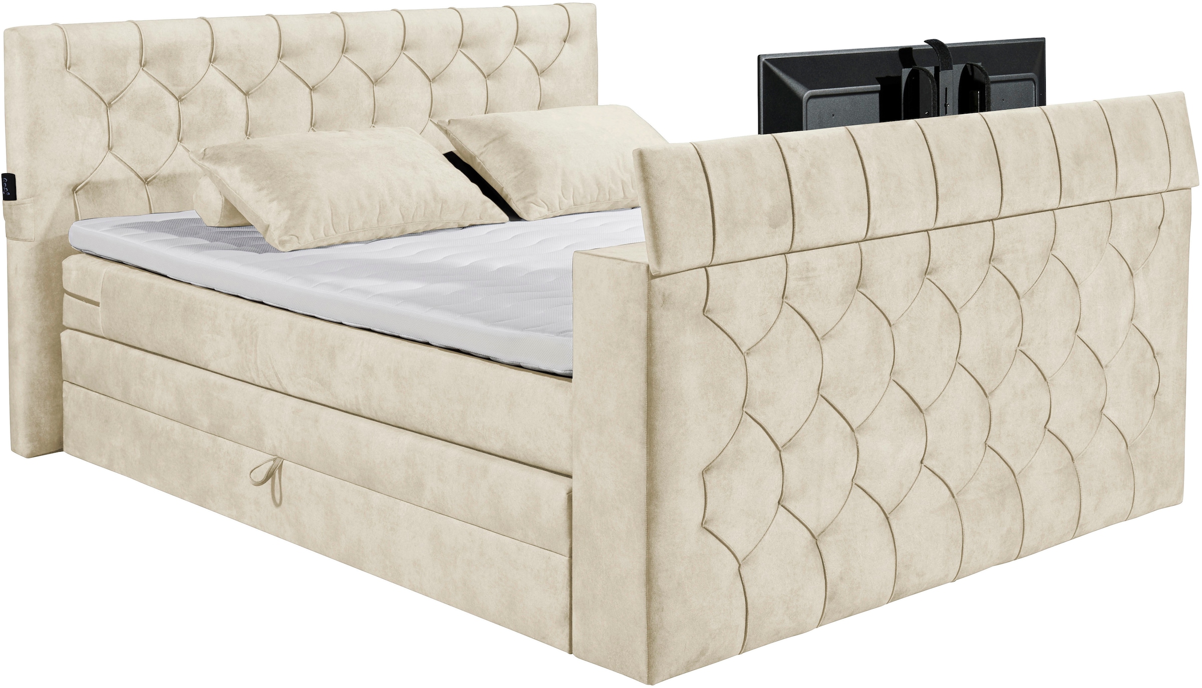 ED EXCITING DESIGN Boxspringbett »Springdale«, mit Bettkasten, motorisierter TV-Halterung, Duo-Matratze (H3/H4)