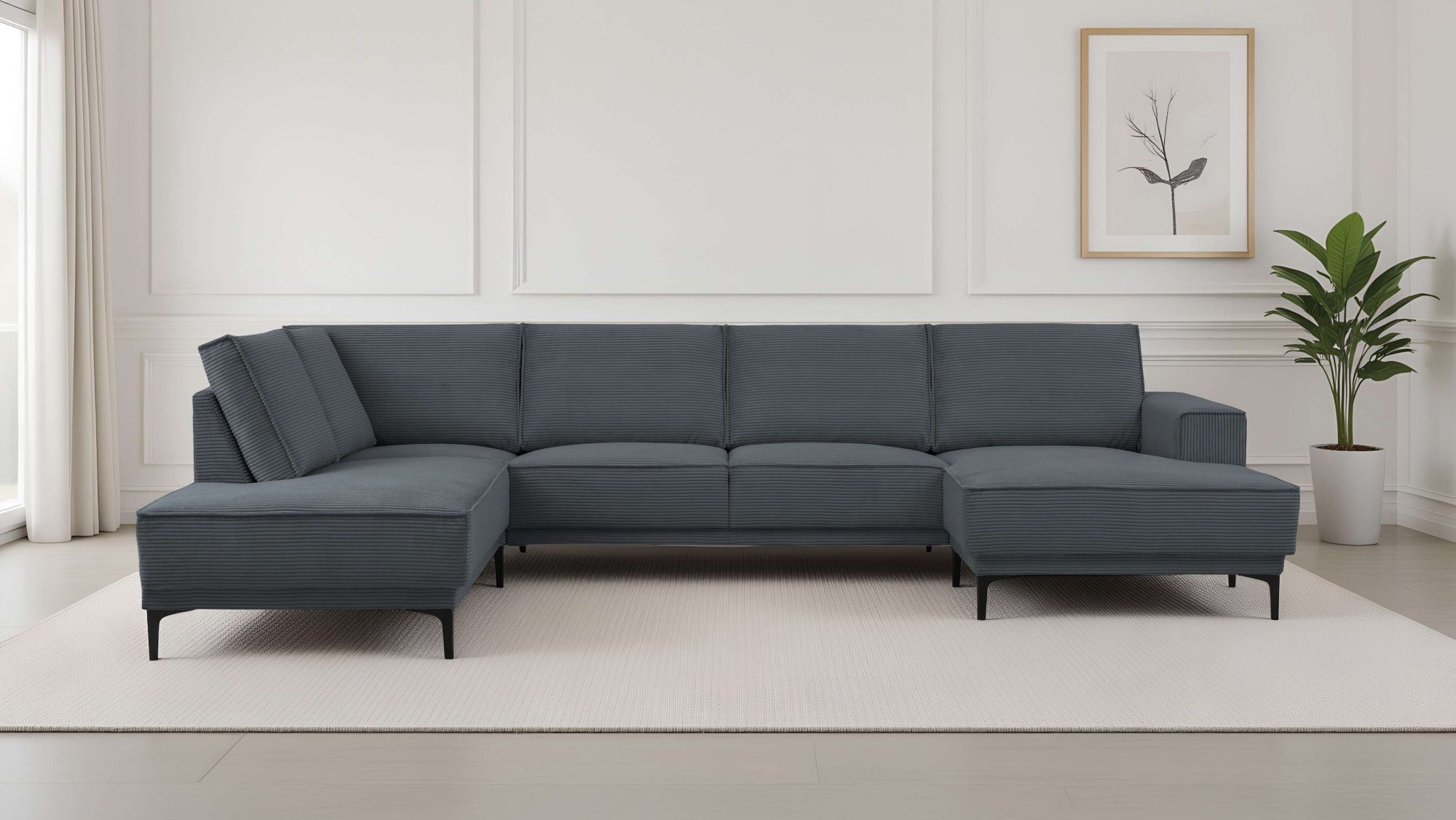 OTTO home Wohnlandschaft "OLAND Cord U-Form, XXL, B: 345 cm, Skandi-Design" U-Form, 345 cm, Wellenunterfederung, Skandi-Design, Metallfüße