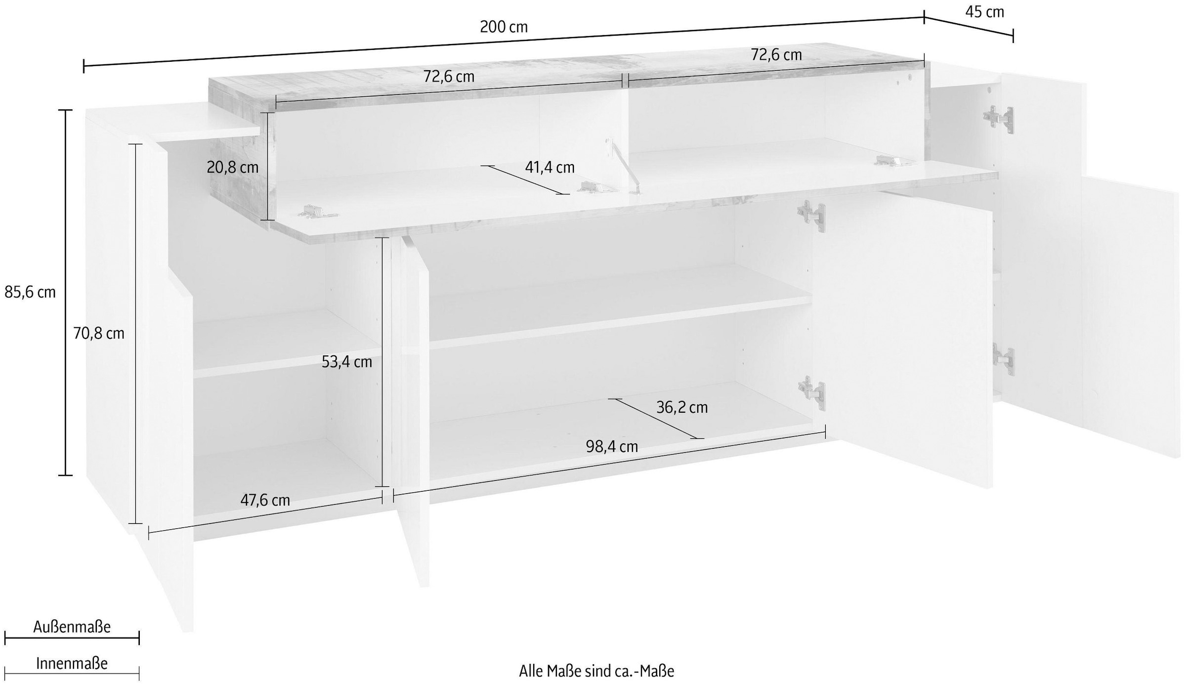 INOSIGN Sideboard »Coro, Kommode, Schrank, Kredenz, grifflos mit Einlegeböden« 1 Klappe,4 Türen, Doppeltiefe,  B/T/H 200x45x85,6cm