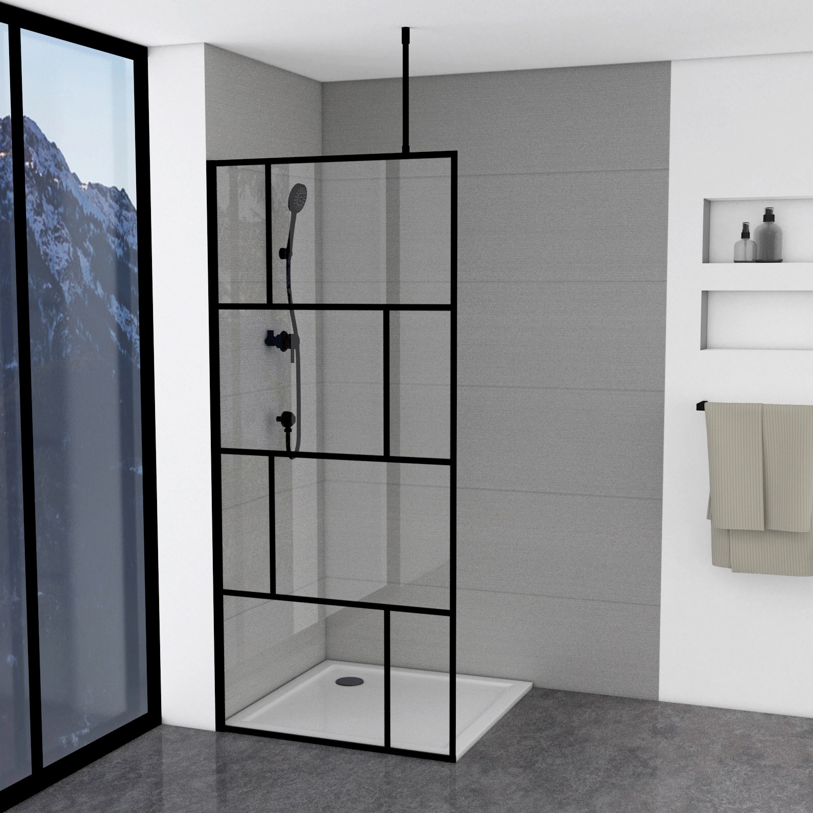 Marwell Walk-in-Dusche "Bricks" 2 Stk. tlg. 90 x 195 cm, inkl. Haltestange für Deckenmontage