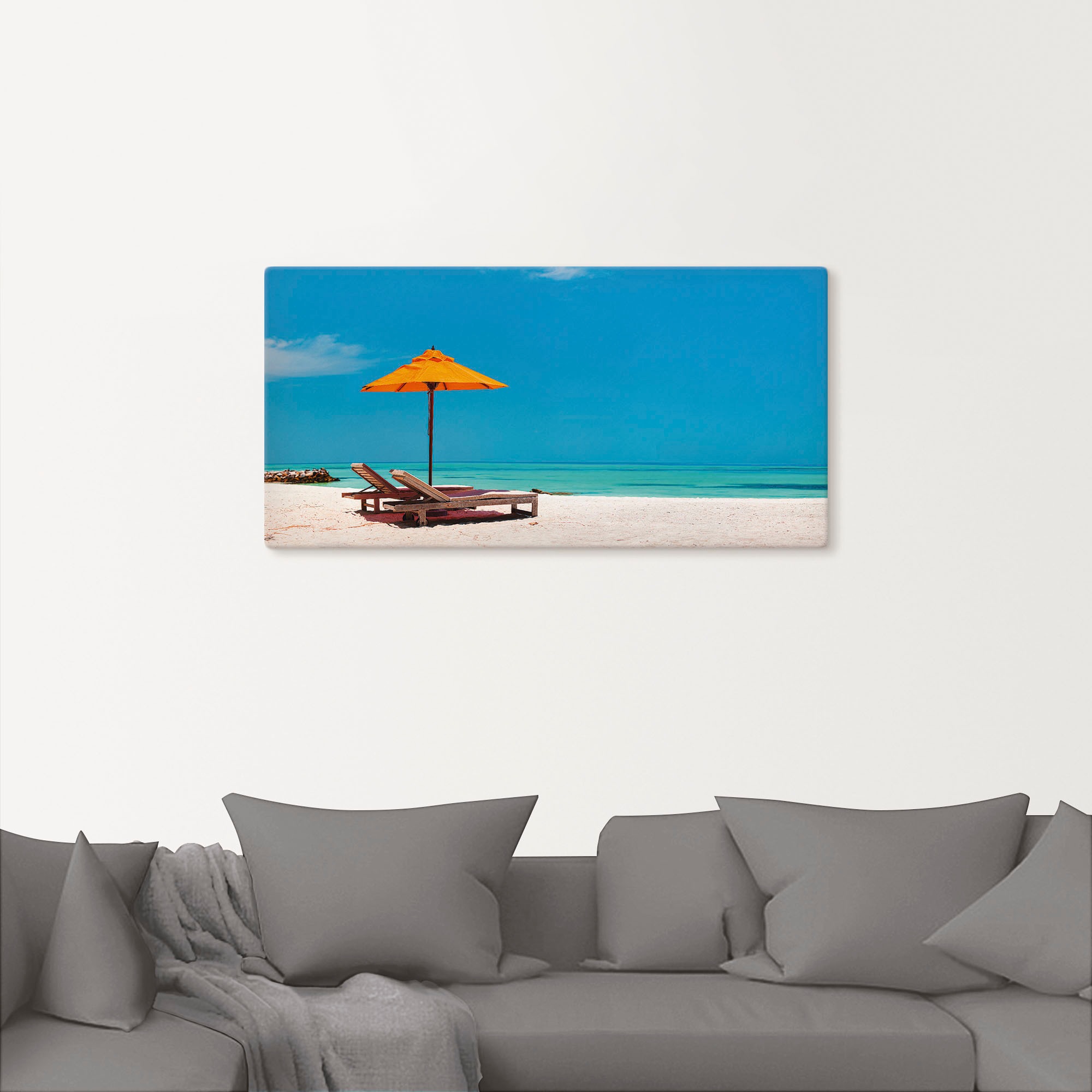 Artland Wandbild »Liegestuhl Sonnenschirm Strand Malediven«, Strand, (1 St.), als Alubild, Outdoorbild, Leinwandbild, Poster, Wandaufkleber