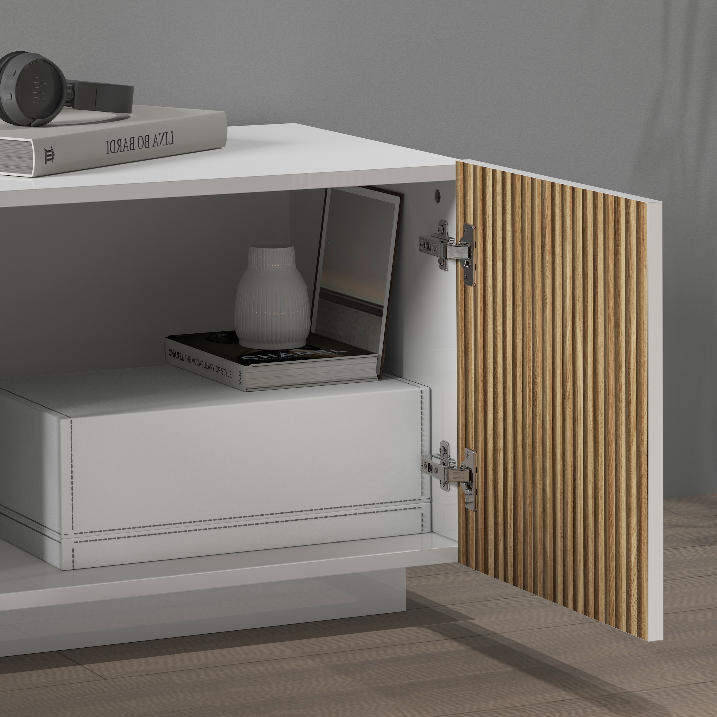 INOSIGN Lowboard »Vega,Lowboard,TV Board,TV Schrank,220 cm«, mit 4 Türen und 1 Schublade,Fronten mit Rillen-Optik