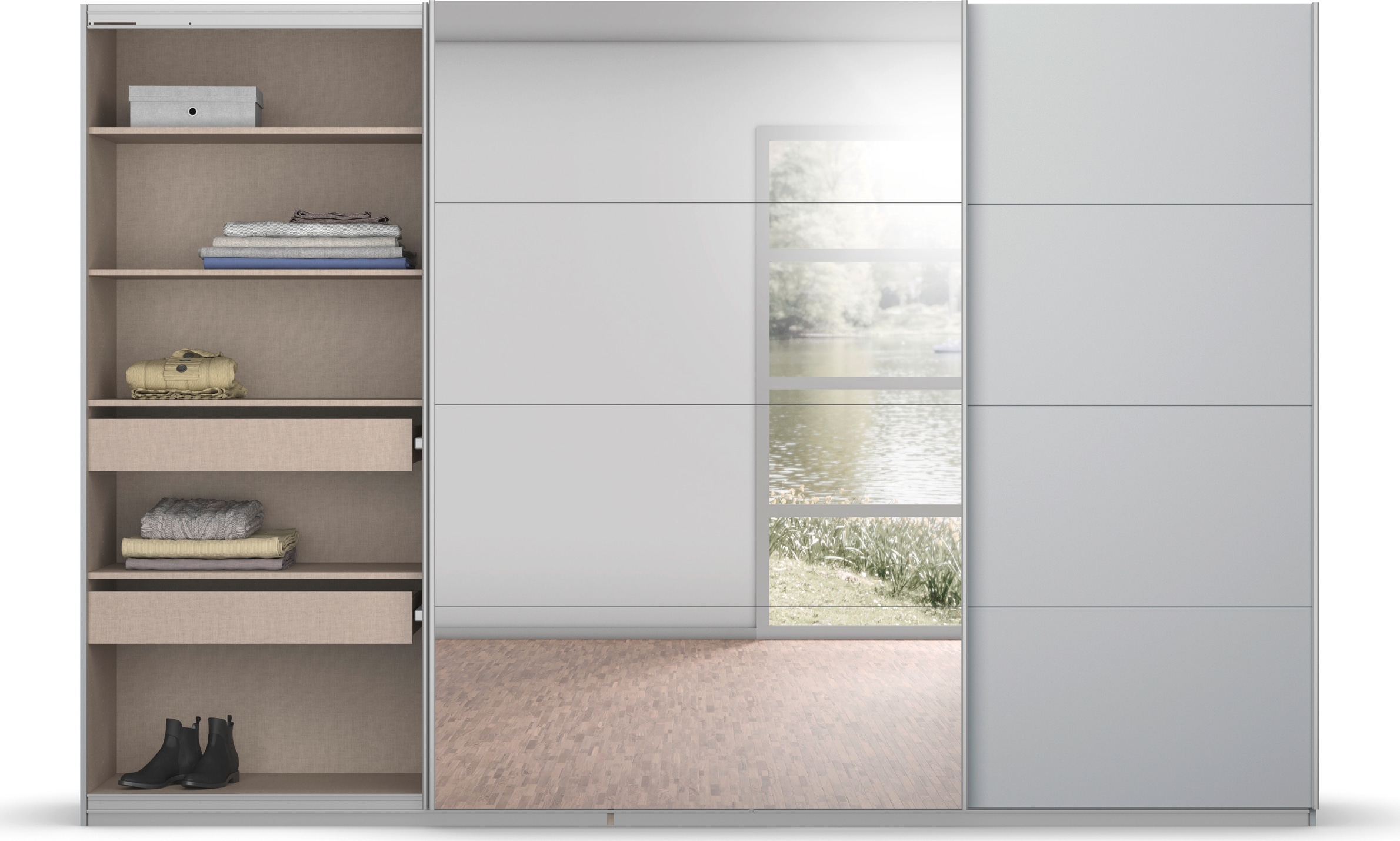 rauch Schwebetürenschrank »Kleiderschrank Schrank Garderobe KOLUNA mit Glastüren und Spiegel«, inkl. 2 Innenschubladen sowie extra Einlegeböden MADE IN GERMANY