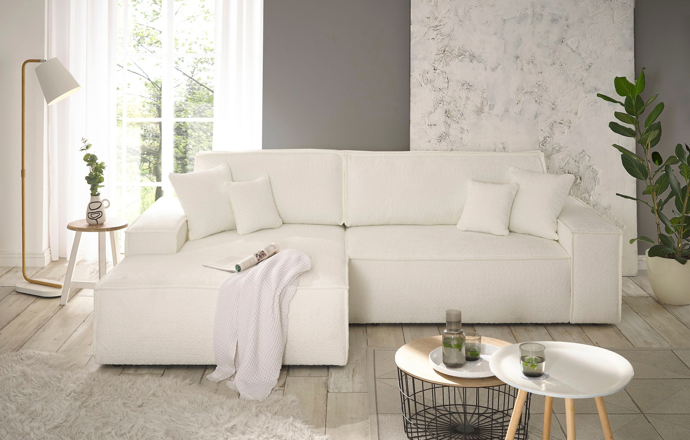 andas Ecksofa »Finnley Schlafsofa 267 cm in Bouclé u. Struktur fein, L-Form,«, Schlaffunktion m. Bettkasten (136/210 cm), Bouclé, Struktur