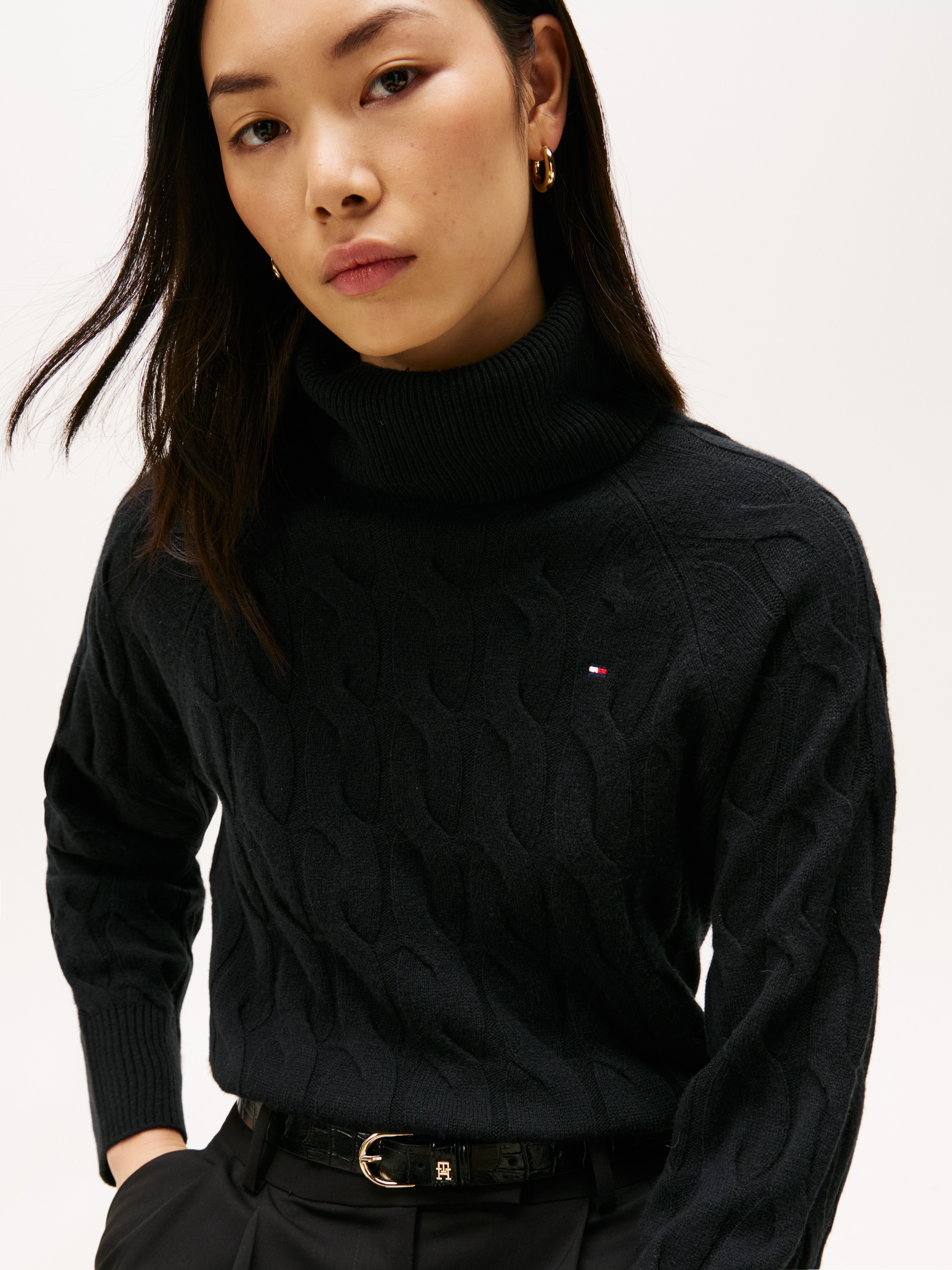 Tommy Hilfiger Rollkragenpullover »SOFT WOOL CABLE ROLL-NK LS SWT« Wolle, mit Zopfmuster