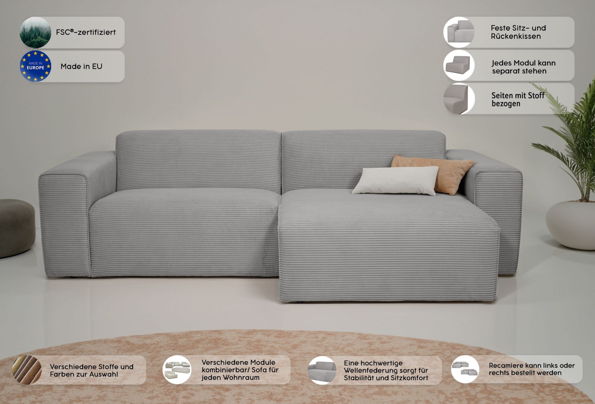 Thumbnail - INOSIGN Ecksofa "Koa,228cm, L-Form, Modulsofa, Webstoff, Cord", Designsofa, Set, Hocker inklusive, weicher Lounge-Sitzko...