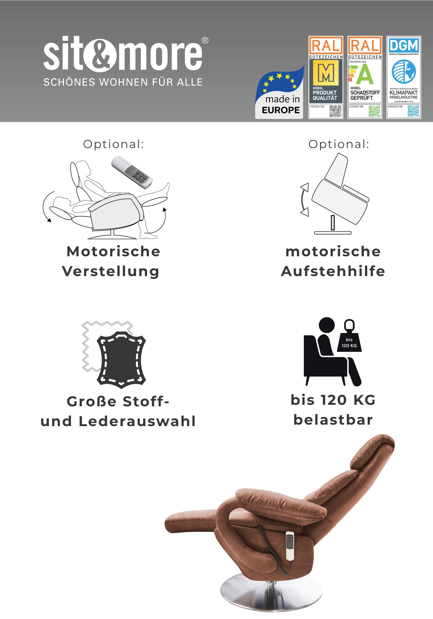 TV-Sessel SIT & MORE "Invito", grau (dunkelgrau), B:80cm H:111cm T:80cm, NaturLEDER (echtes Rindsleder);Luxus-Microfaser (100% Polyester);Luxus-Kunstleder, Sessel, Fernsehsessel, in Größe S, wahlweise mit Motor und Aufstehhilfe 3