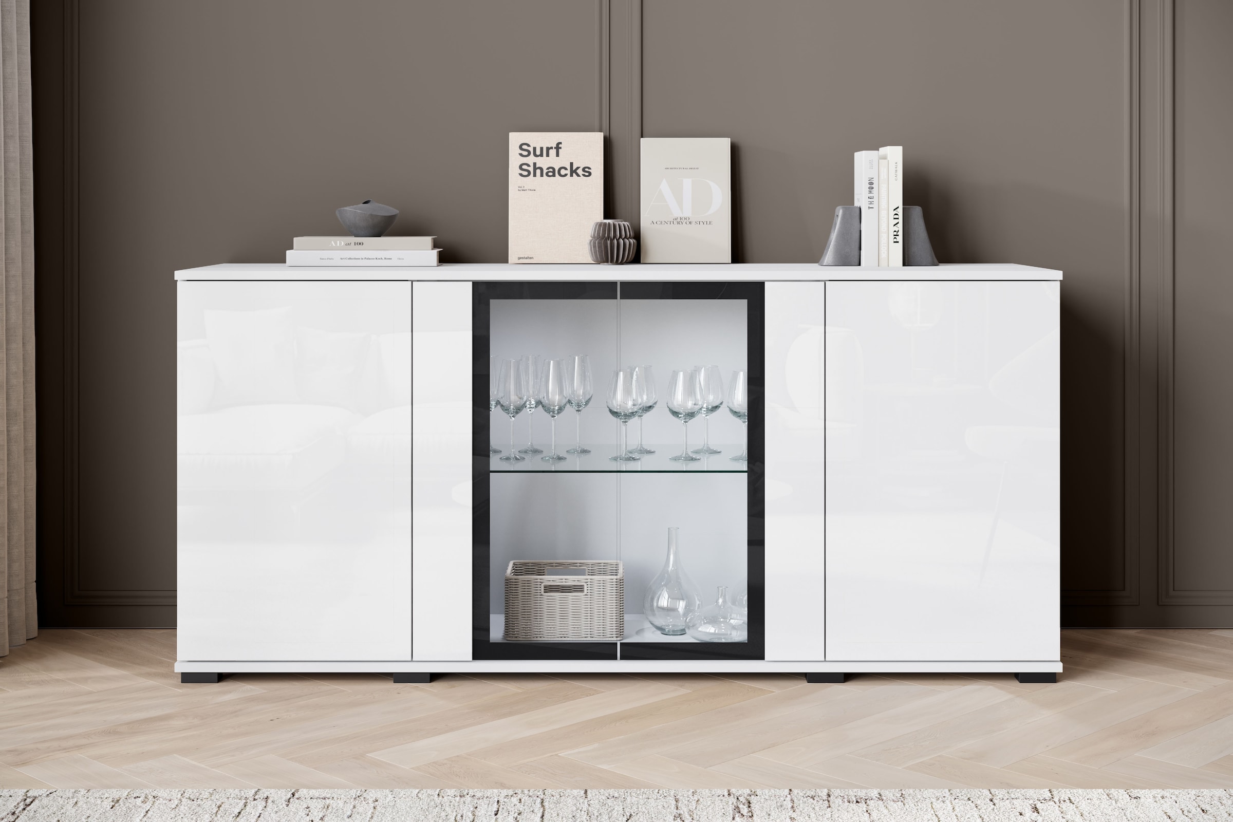 INOSIGN Sideboard »Caro, modernes Design mit Glaseinsätzen, Breite 150 cm«, (1 St.), Grifflose Fronten mit Push-to-Open, höhenverstellbare Einlegeböden