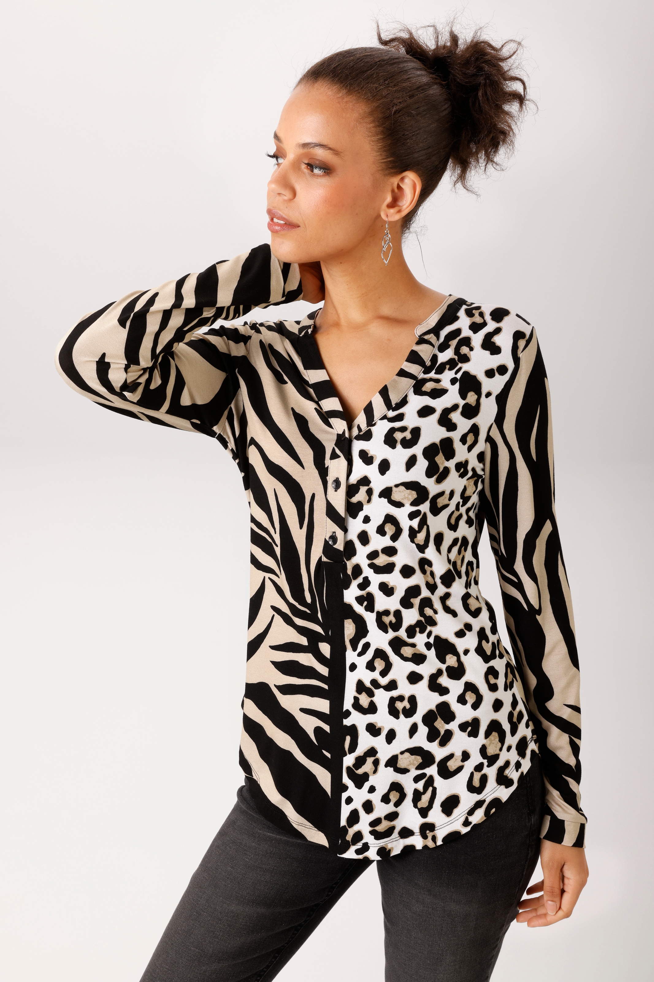 Aniston CASUAL Schlupfbluse im Zebra-Dessin mit Leo-Einsatz - NEUE KOLLEKTION
