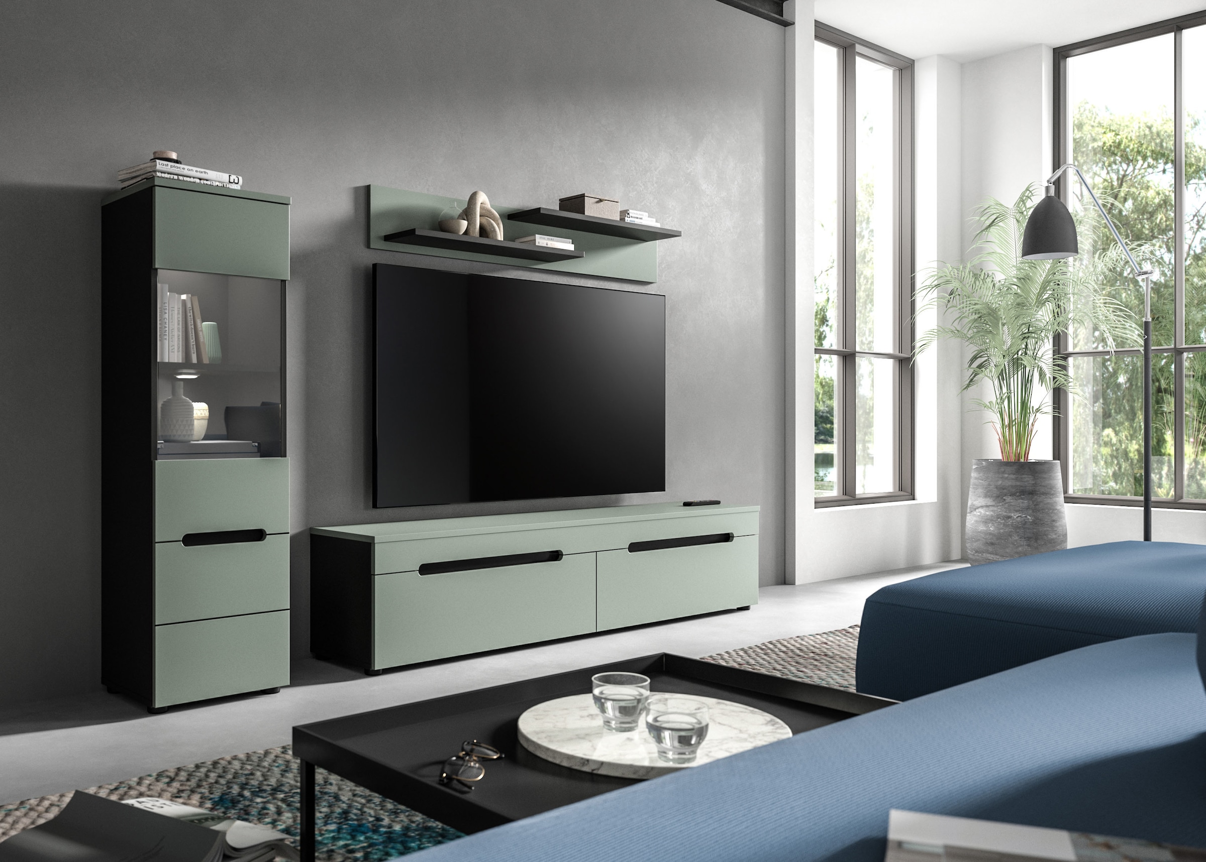 INOSIGN Wohnwand »REHAT, TOPSELLER!, 3-teilig, inkl. Beleuchtung, stehend oder hängend«, (3 St., Set bestehend aus: Vitrine inkl. Beleuchtung, Lowboard und Wandboard), Kombination, Anbauwand, Set, Wohn-Set, Wohnzimmer-Set, Schrankwand