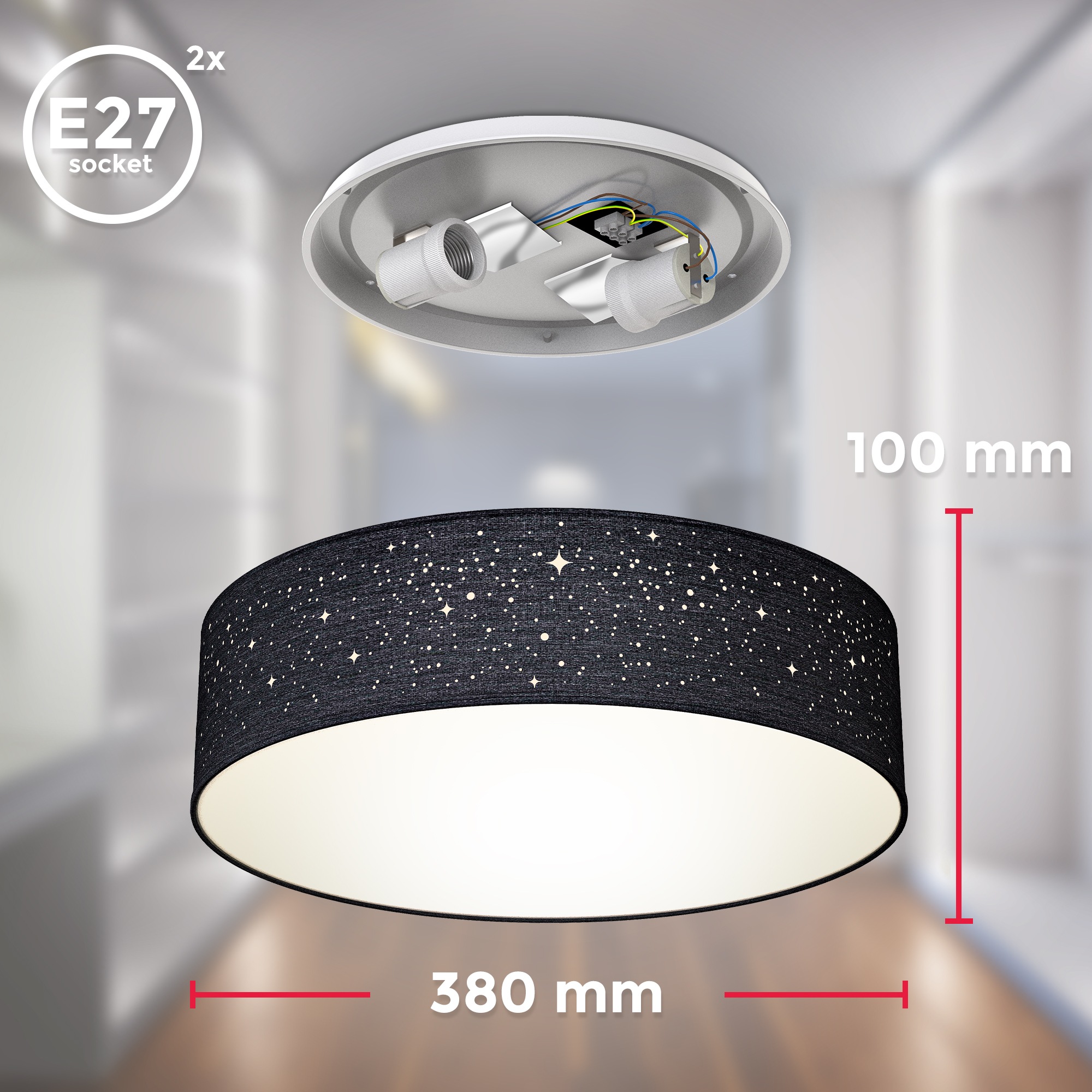 B.K.Licht Deckenleuchte »BK_SD1347 Deckenlampe, mit Stoffschirm, Ø38cm, Schwarz, E27-Fassung«, 2 flammig, Leuchtmittel E27 | ohne Leuchtmittel, 2-Flammig, Textil-Sternenhimmel, ohne Leuchtmittel (max. 40W)