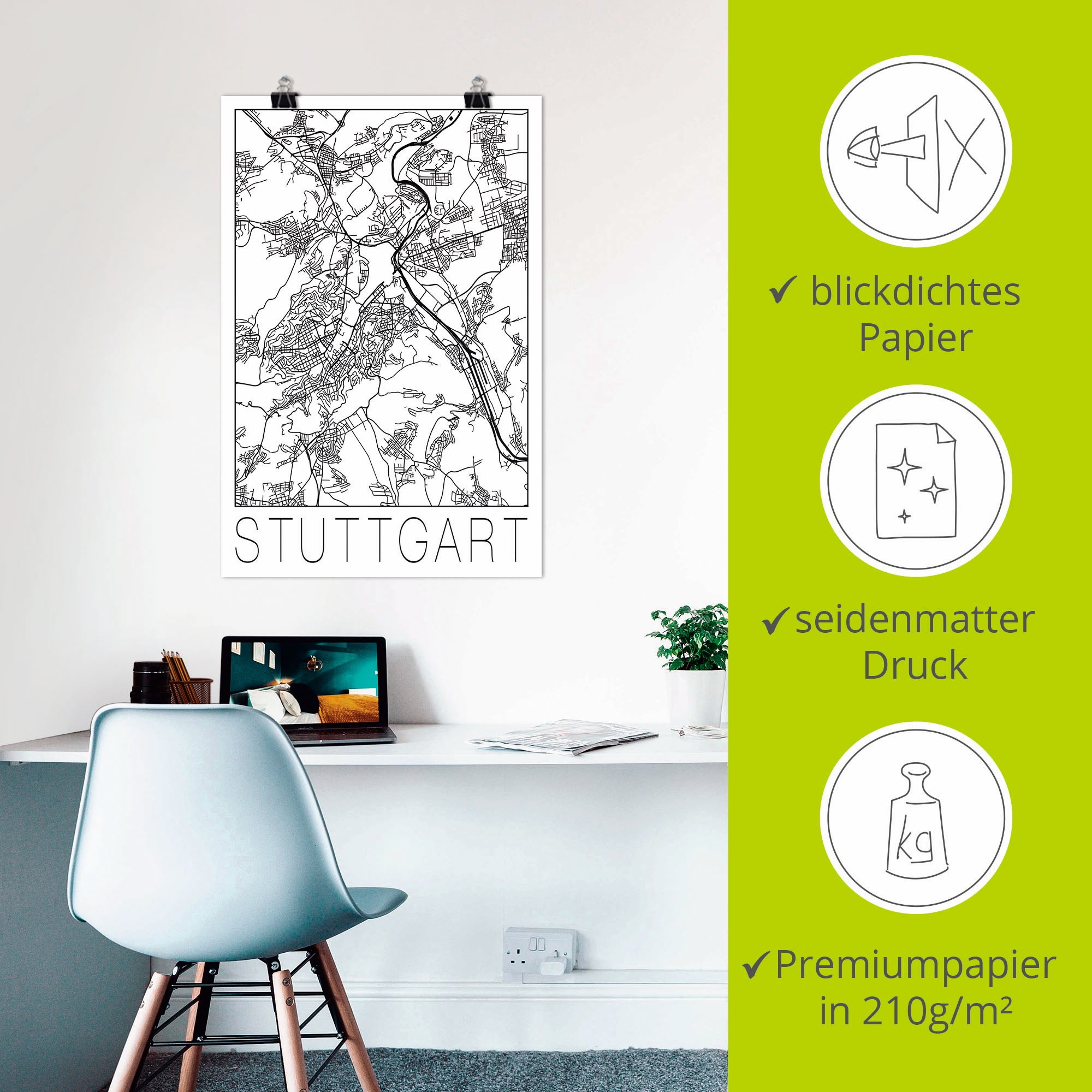 Artland Poster »Retro Karte Stuttgart Deutschland«, Deutschland, (1 St.), als Alubild, Leinwandbild, Wandaufkleber oder Poster in versch. Größen