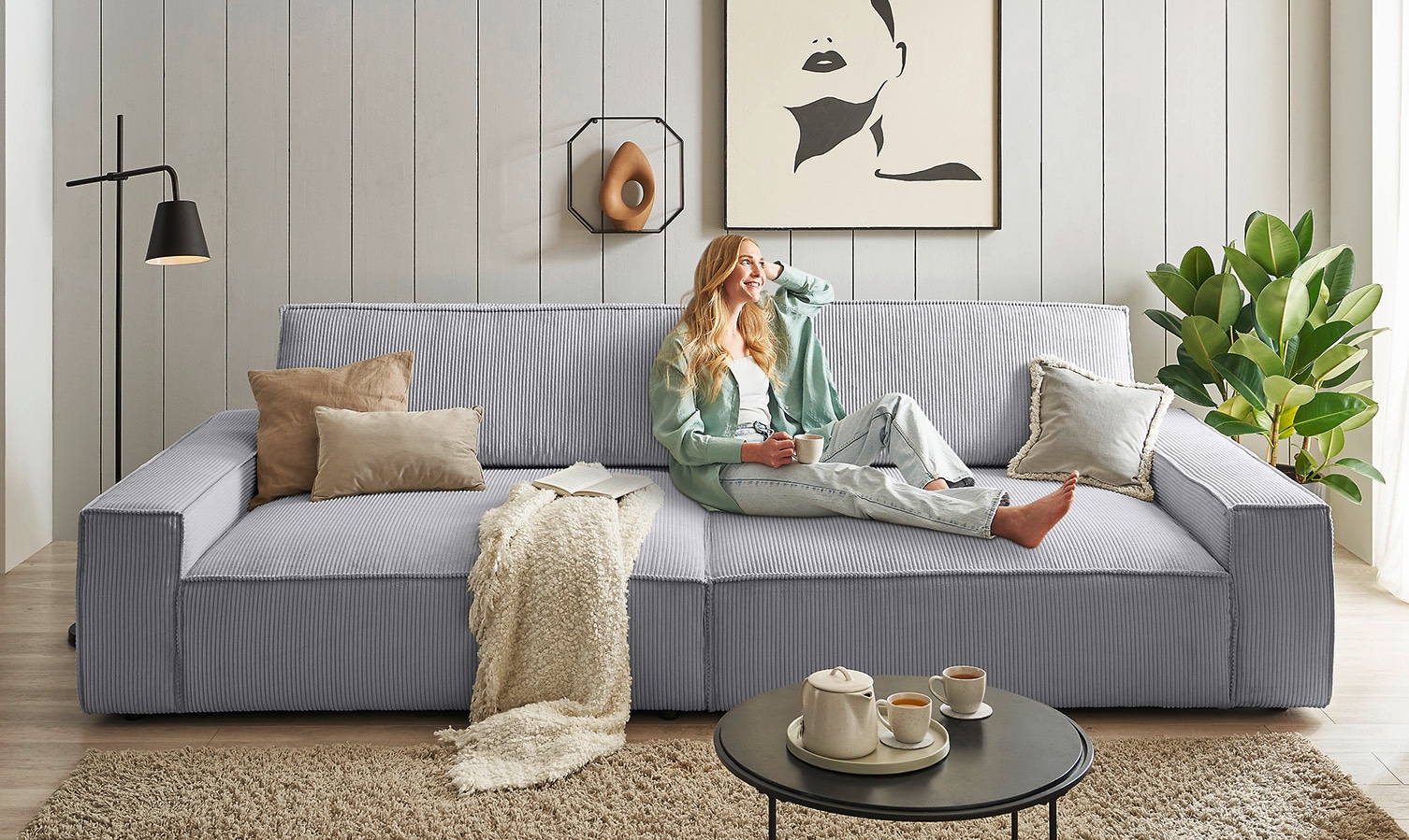 OTTO home Big-Sofa "SHERWOOD XXL Cord, Big-Sofa (316cm), extra tiefe Sitzfläche 95 cm" bequemer Sitzkomfort, Cord u. Leinenoptik, Kedernaht