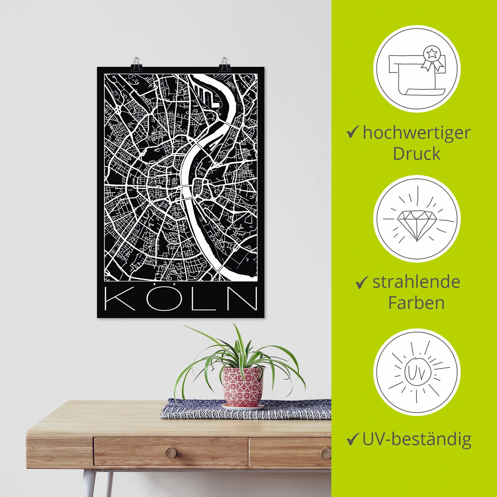 Artland Wandbild »Retro Karte Köln Deutschland Schwarz«, Deutschland, (1 St.), als Poster, Wandaufkleber in verschied. Größen