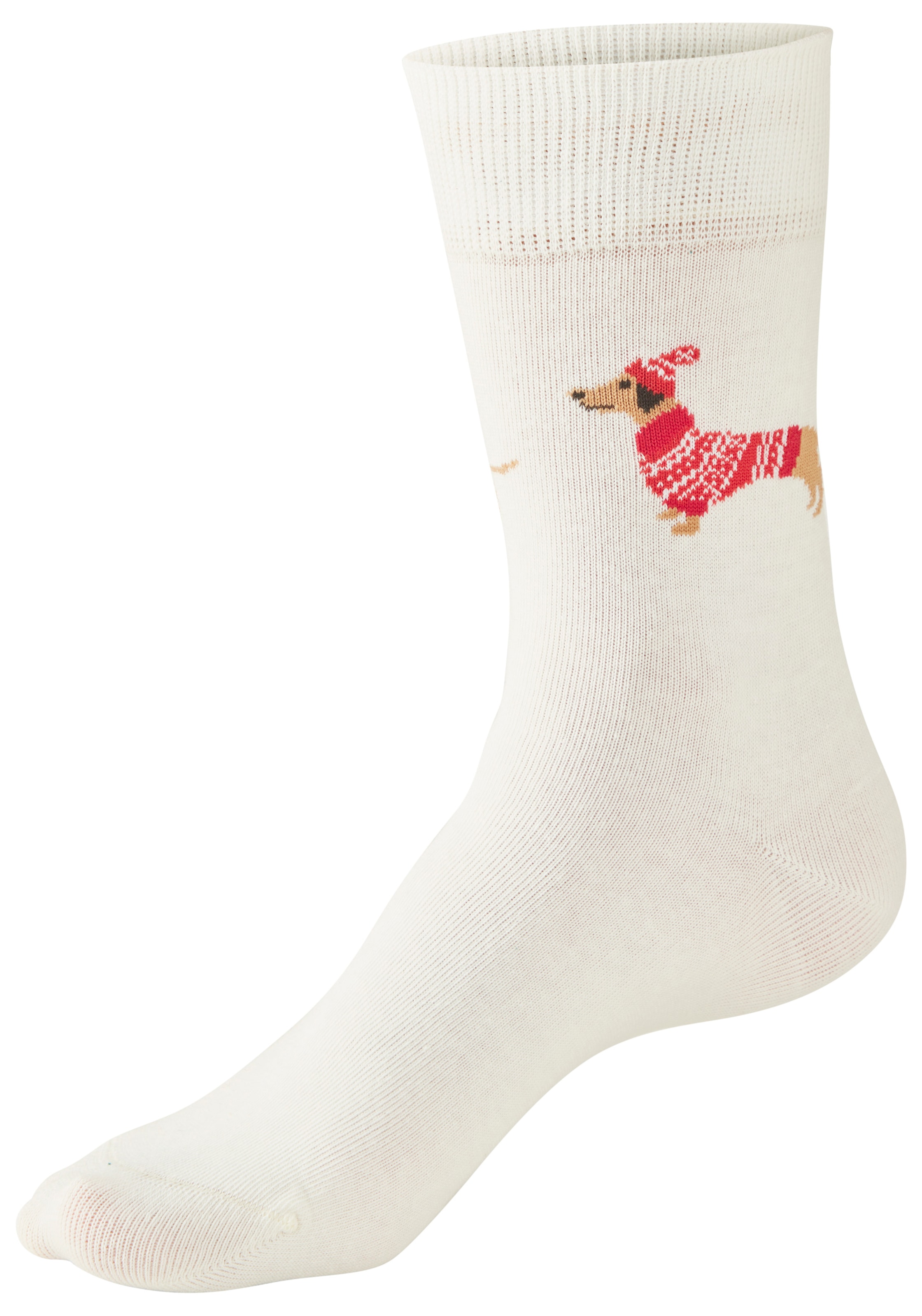 LASCANA Freizeitsocken »Damen Weihnachtssocken« Packung, 3 Paar tlg. mit lustigen Dackelmotiven