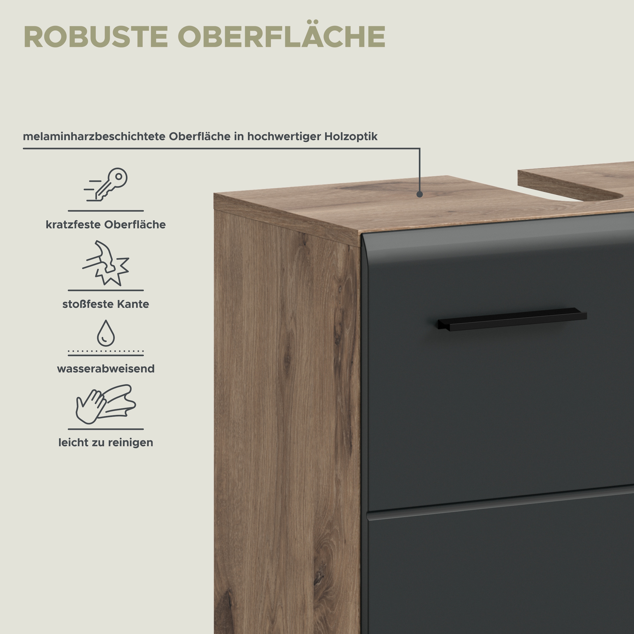 welltime Waschbeckenunterschrank »FLORENZ,  Breite 60cm, inkl. Siphonausschnitt, mit Türen oder Schüben« TOPSELLER!,  hochwertige MDF Front, Griff schwarz, Badschrank, Bad
