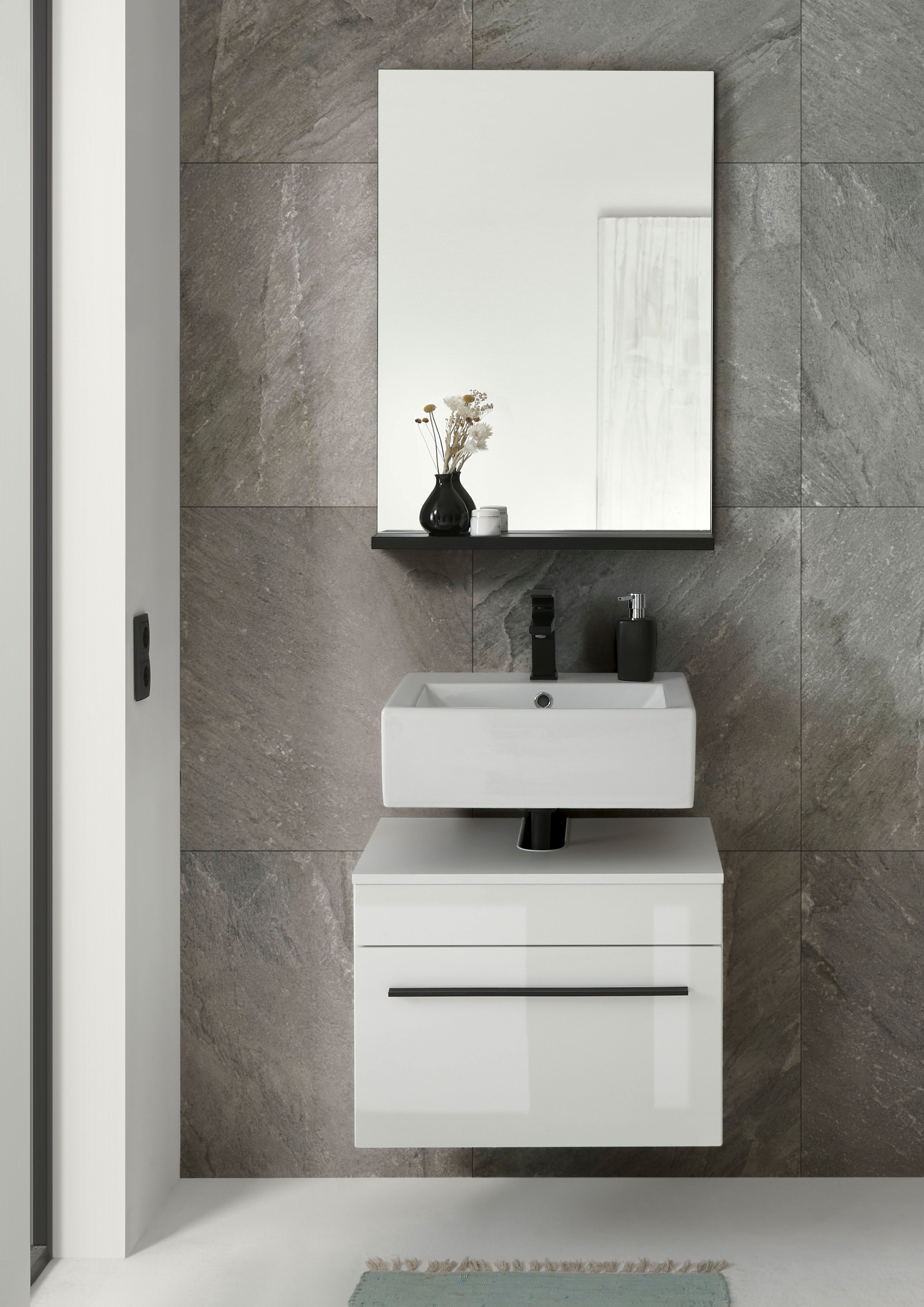 INOSIGN Badmöbel-Set »Cantara, Bad im modernen Design, 2-teiliges Badezimmer«, (Set, 2 St.), Unterschrank und Spiegel, in Weiß Hochglanz, viel Stauraum