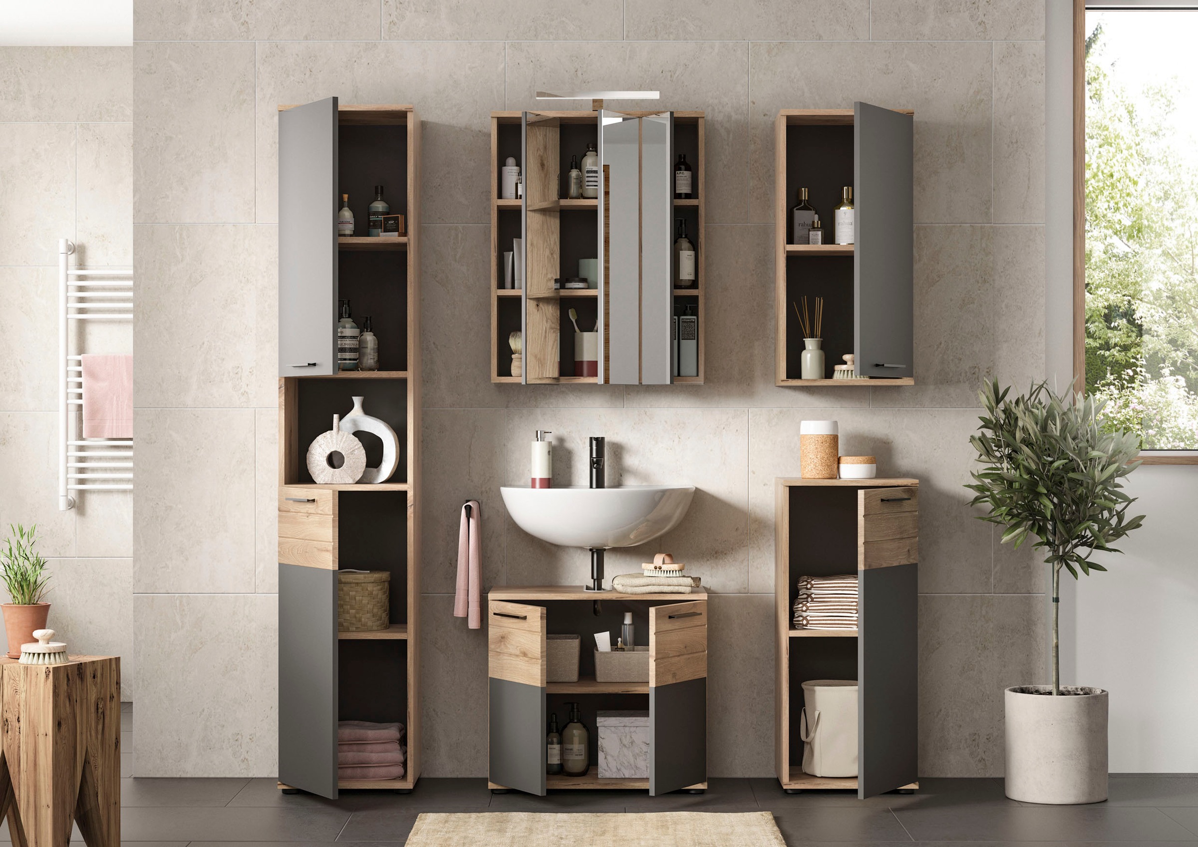 INOSIGN Badmöbel-Set »Riga, 5 teilig, inklusive LED Beleuchtung, bestehend aus:«, (Set, 5 St.), Hochschrank, WBU, Spiegelschrank, Unterschrank, Hängeschrank