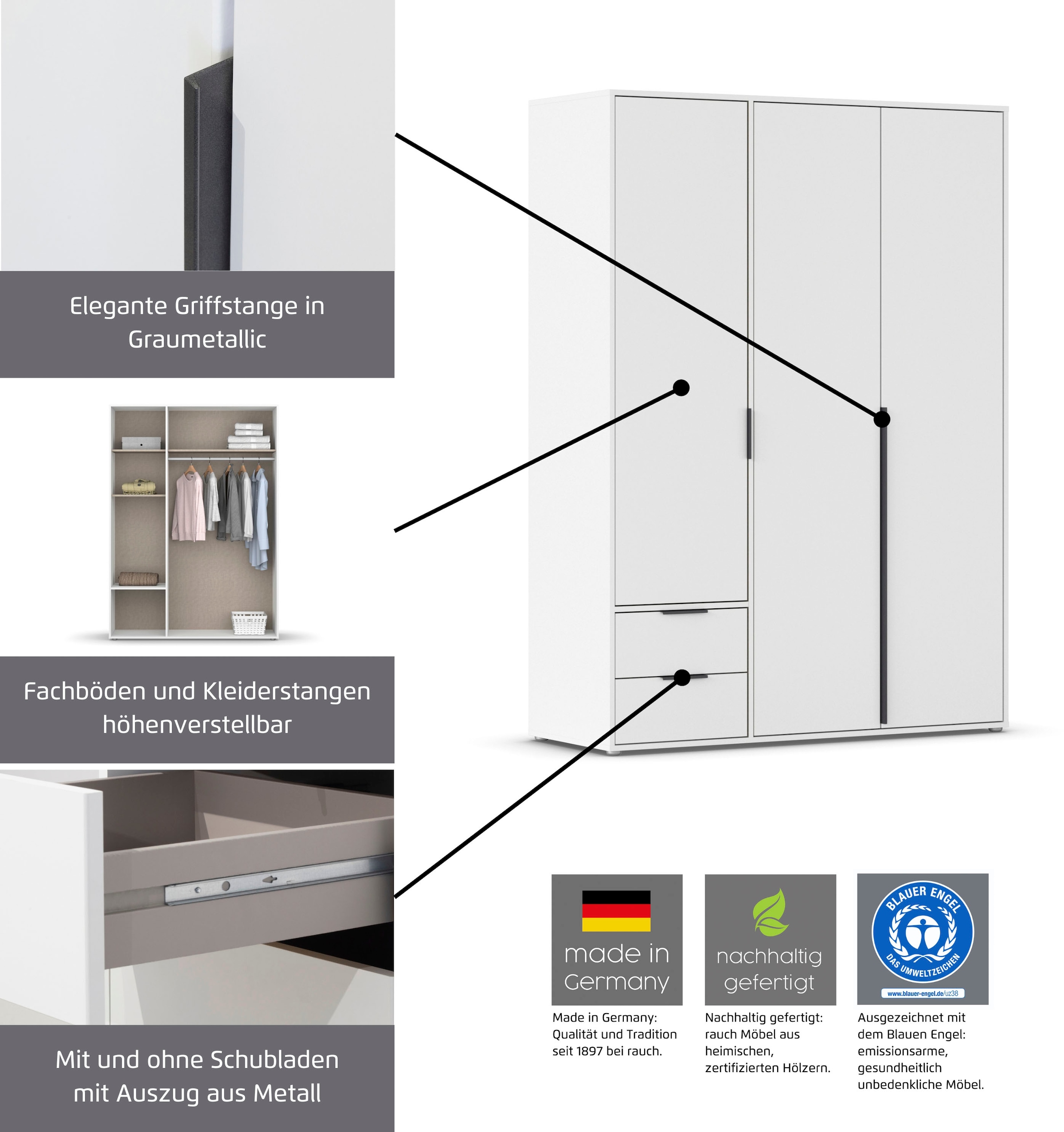 rauch Drehtürenschrank »Kleiderschrank Schrank Garderobe Wäscheschrank NAGATA viel Stauraum«, (in 3 verschiedenen Ausstattungen BASIC/CLASSIC/PREMIUM), mit modernen Stangengriffen in Graumetallic TOPSELLER MADE IN GERMANY