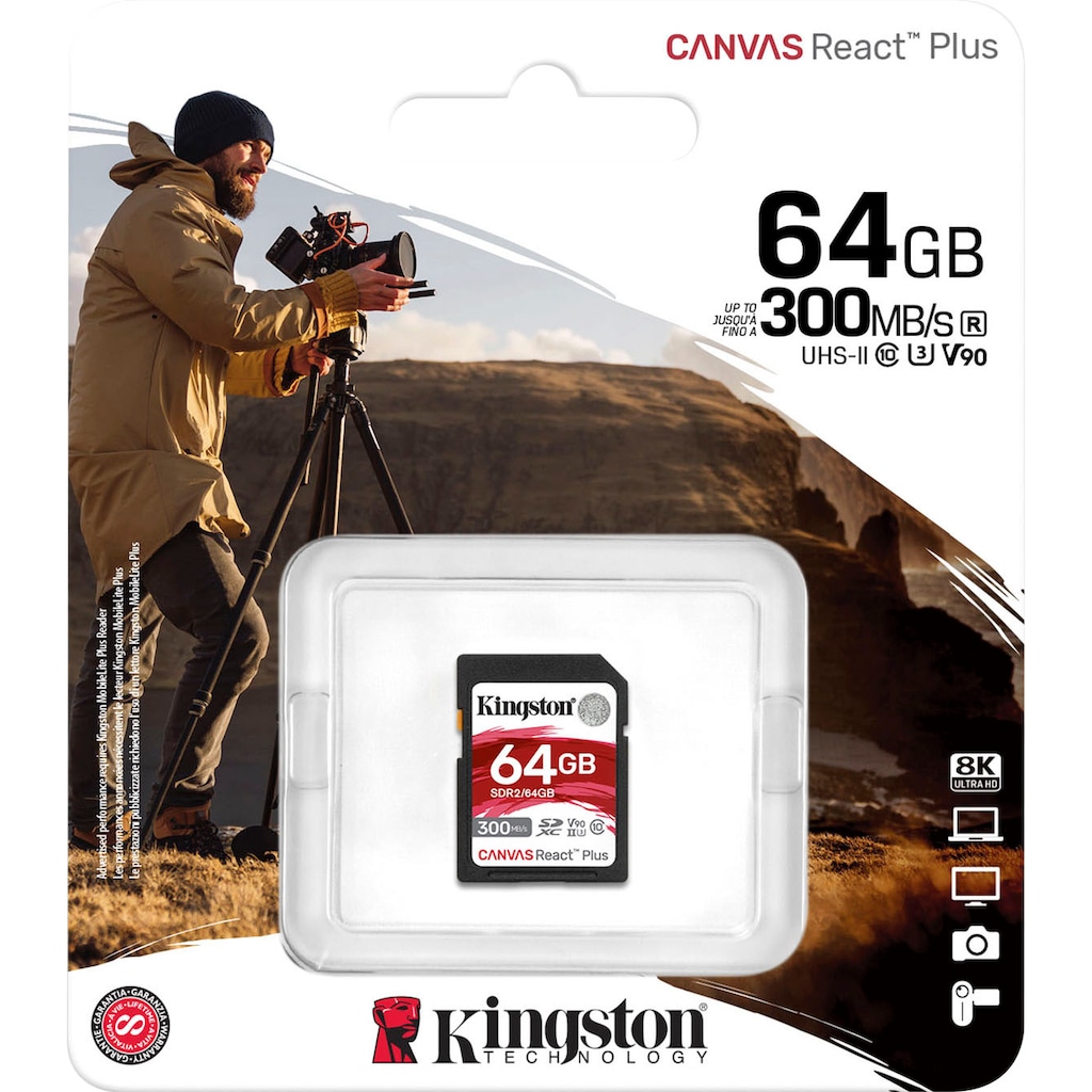 Kingston Speicherkarte »Canvas React Plus SD 64GB«, (Class 10 300 MB/s Lesegeschwindigkeit)