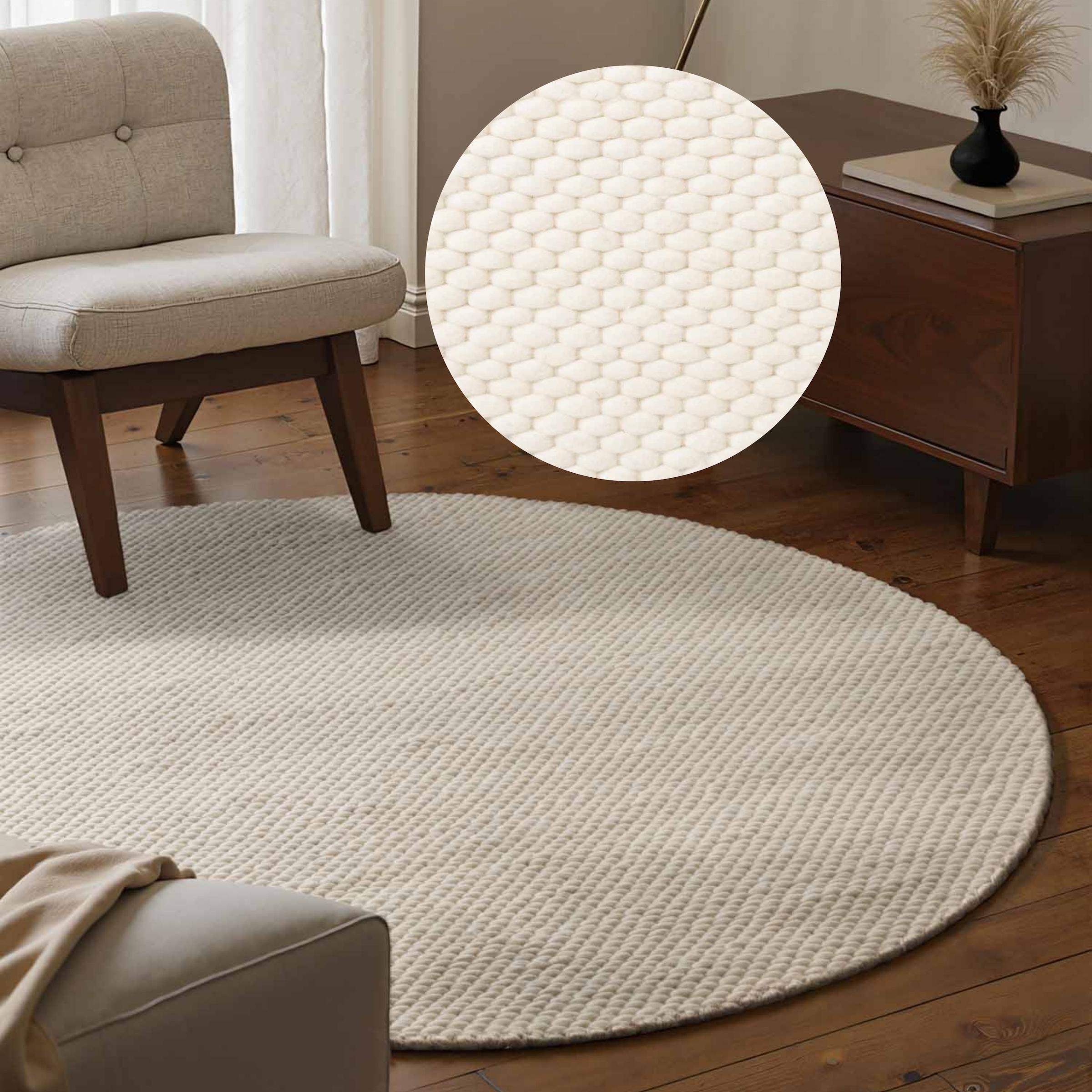 ELLE DECORATION "Beans" rund 10 mm Höhe Handweb Teppich Wolle, Rund, Perlenstruktur, Wohnzimmer, Schlafzimmer
