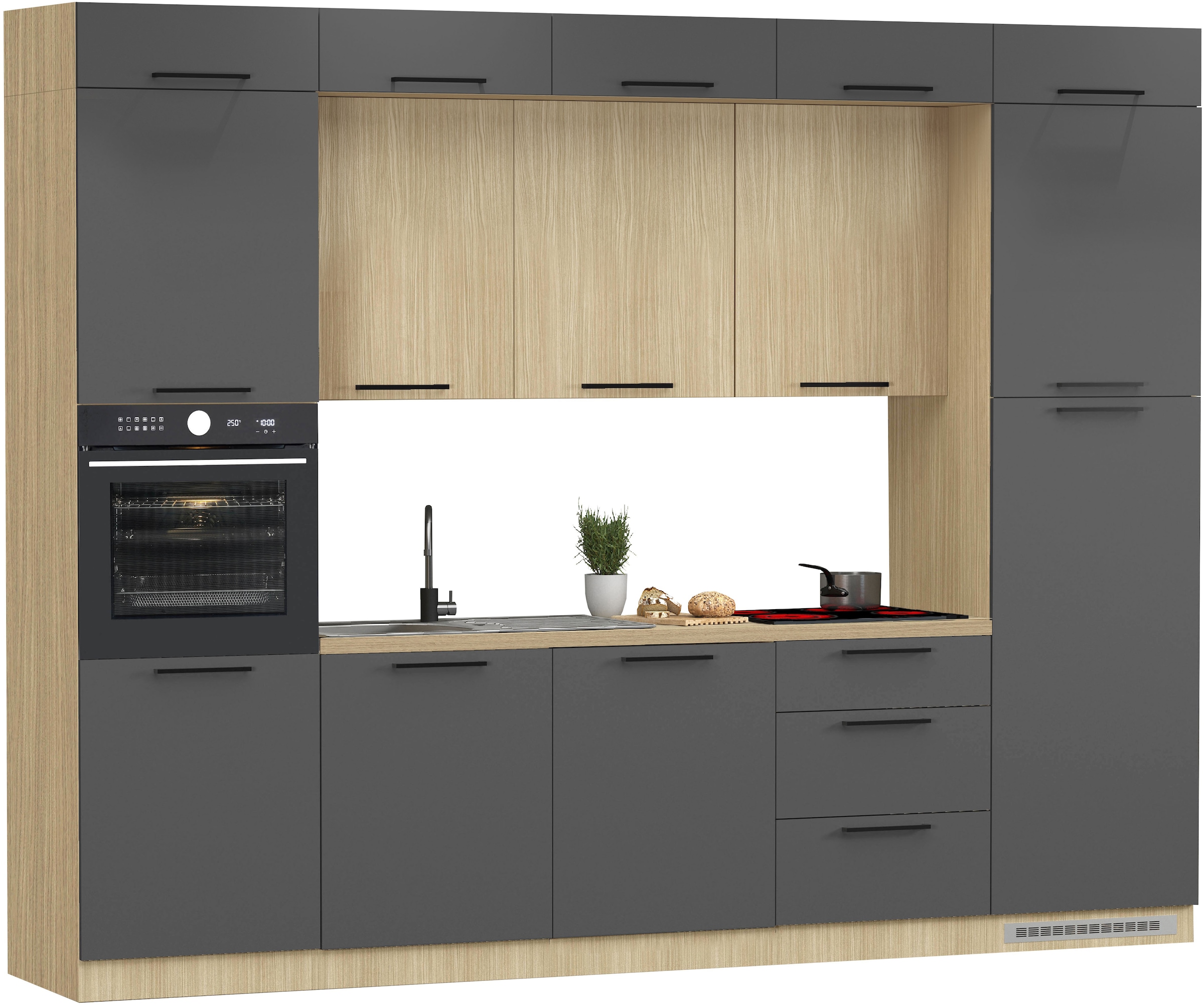 KOCHSTATION Küchenzeile "Luna, Einbauküche, Zeilenküche, mit Soft-Close Funktion, Made in Italy" Breite 300 cm ohne E-Geräte, mit Spüle+Siphon und Aufsatz