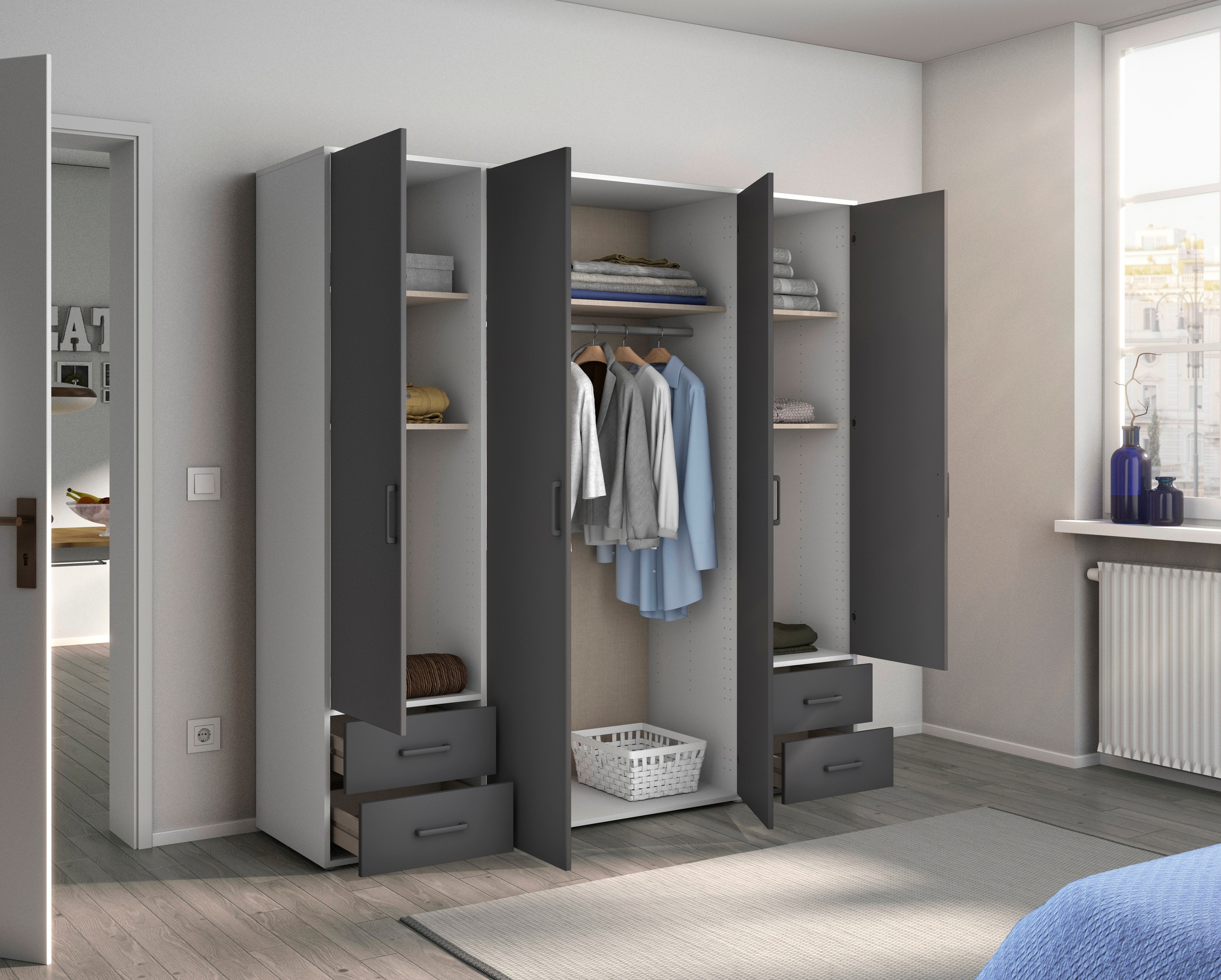 rauch Drehtürenschrank »Kleiderschrank Schrank Garderobe Wäscheschrank VOYAGER«, (in 3 verschiedenen Ausstattungen BASIC/CLASSIC/PREMIUM), moderne Griffe in Graumetallic mit Außenschubkästen MADE IN GERMANY
