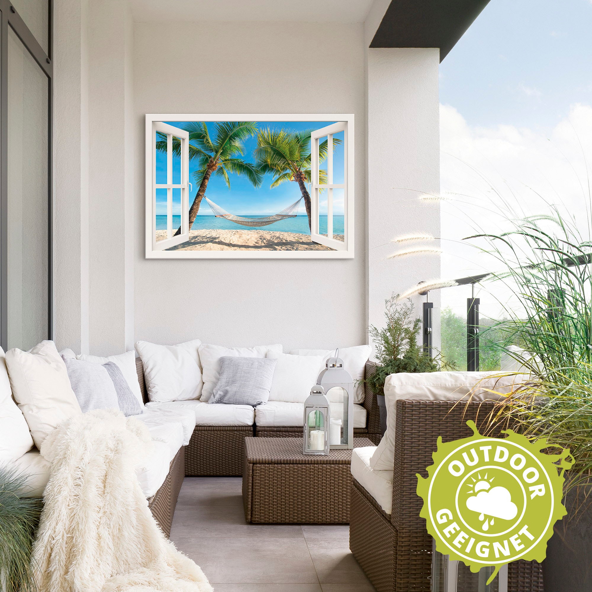 Artland Wandbild »Fensterblick Palmenstrand Karibik«, Amerika, (1 St.), als Alubild, Outdoorbild, Leinwandbild, Poster, Wandaufkleber