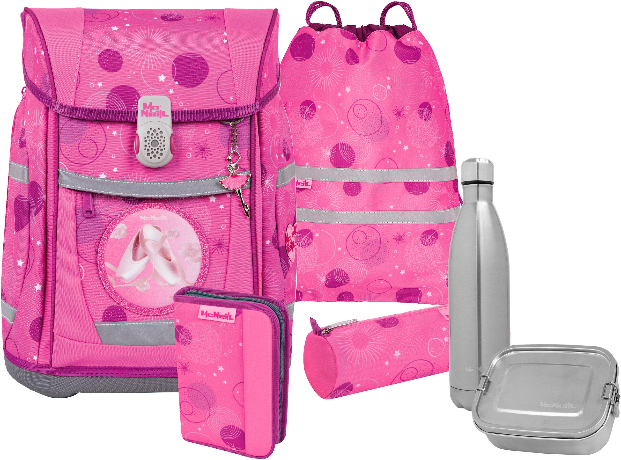McNeill Schulranzen »Tenero, Pinky«, reflektierende Streifen auf den Schultergurten-retroreflektierende Flächen, inkl. Federmäppchen, Turnbeutel, Schlamperrolle & Motivmagnet