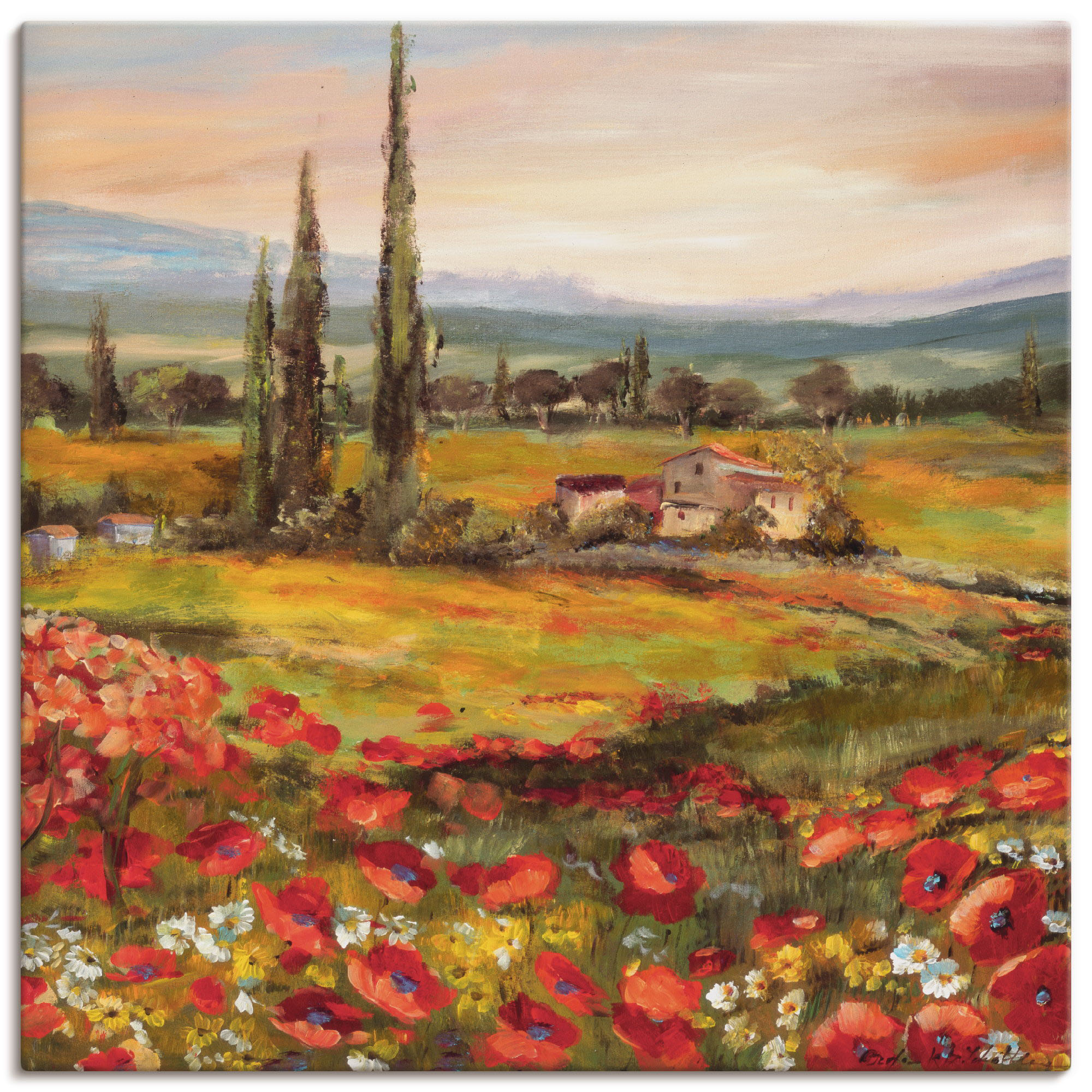 Artland Leinwandbild "Mohnblumen und Zypressen" Felder 1 Stk. tlg. auf Holzrahmen gespannt