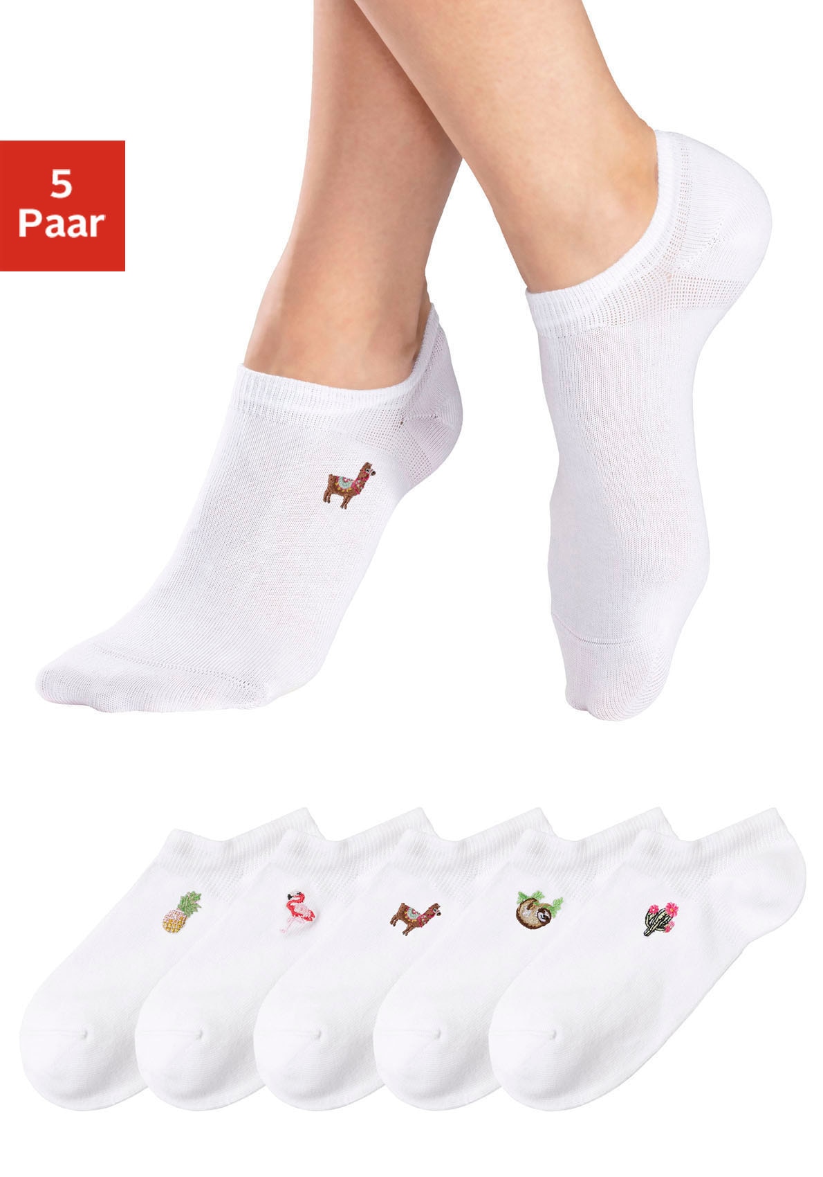 H.I.S Sneakersocken "Damen, Kinder Sneaker Socken bestickte Sommerliche Baumwollsocken" Packung, 5 Stk. tlg. mit Motivstickerei