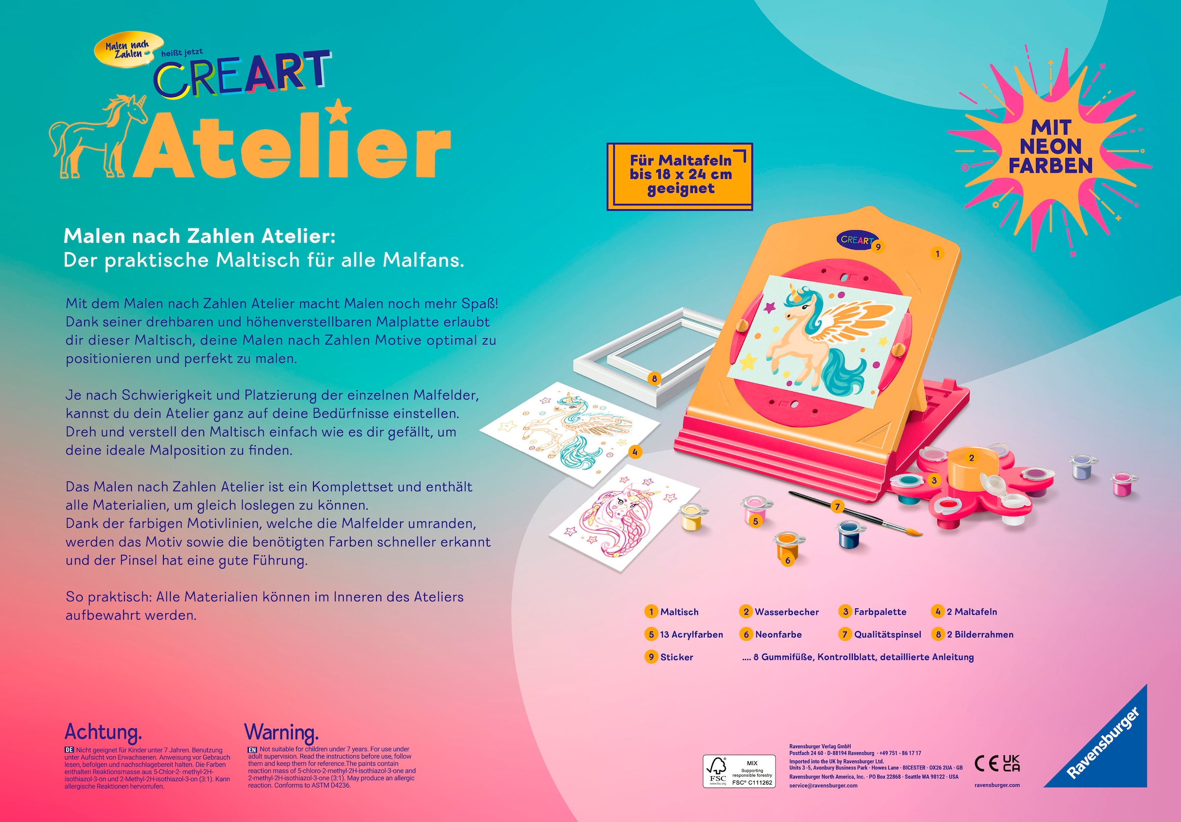 Ravensburger Malen nach Zahlen »CreArt, Malen nach Zahlen - Neon Atelier Einhorn«, Made in Europe