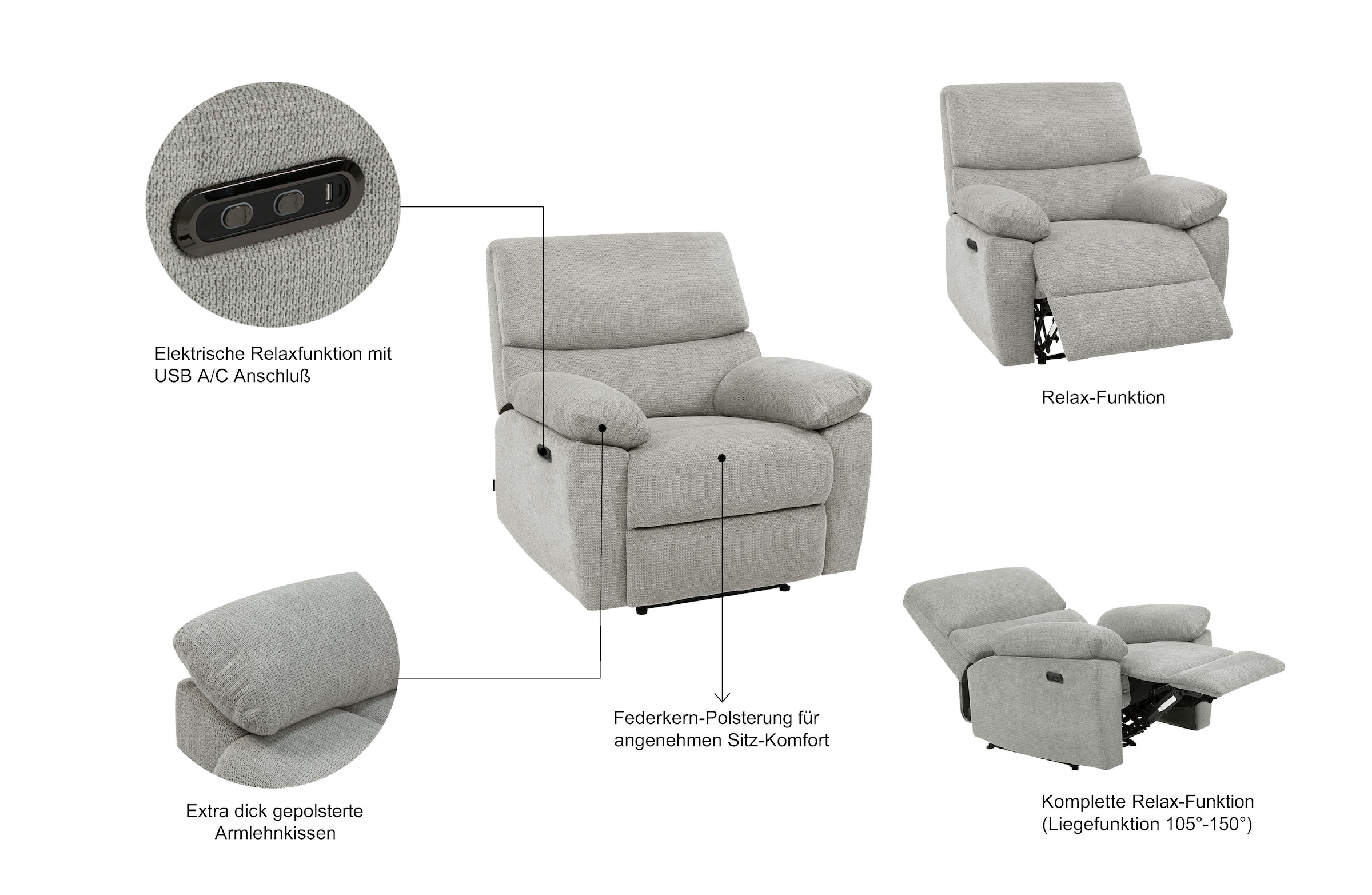 Home affaire Relaxsessel »LANNOY, TV-Sessel, elektr. o. manuelle Relaxfunktion, USB A/C,«, Sessel mit Liegefunktion 105°-150°, Federkernpolsterung
