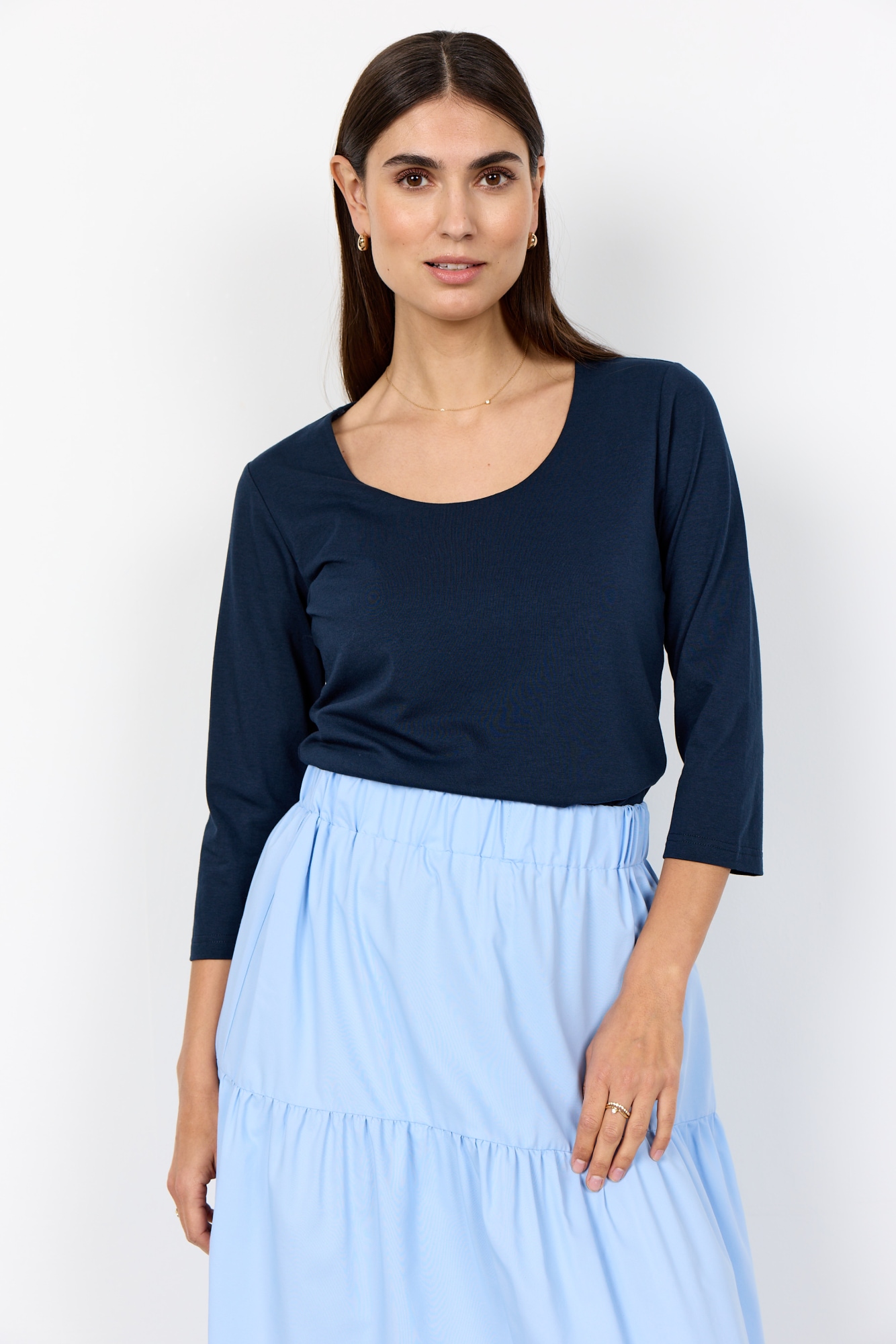 soyaconcept Rundhalsshirt "SC-PYLLE 175" aus Baumwollmischung, figurumspielende Passform, 3/4-Ärmel, unifarben
