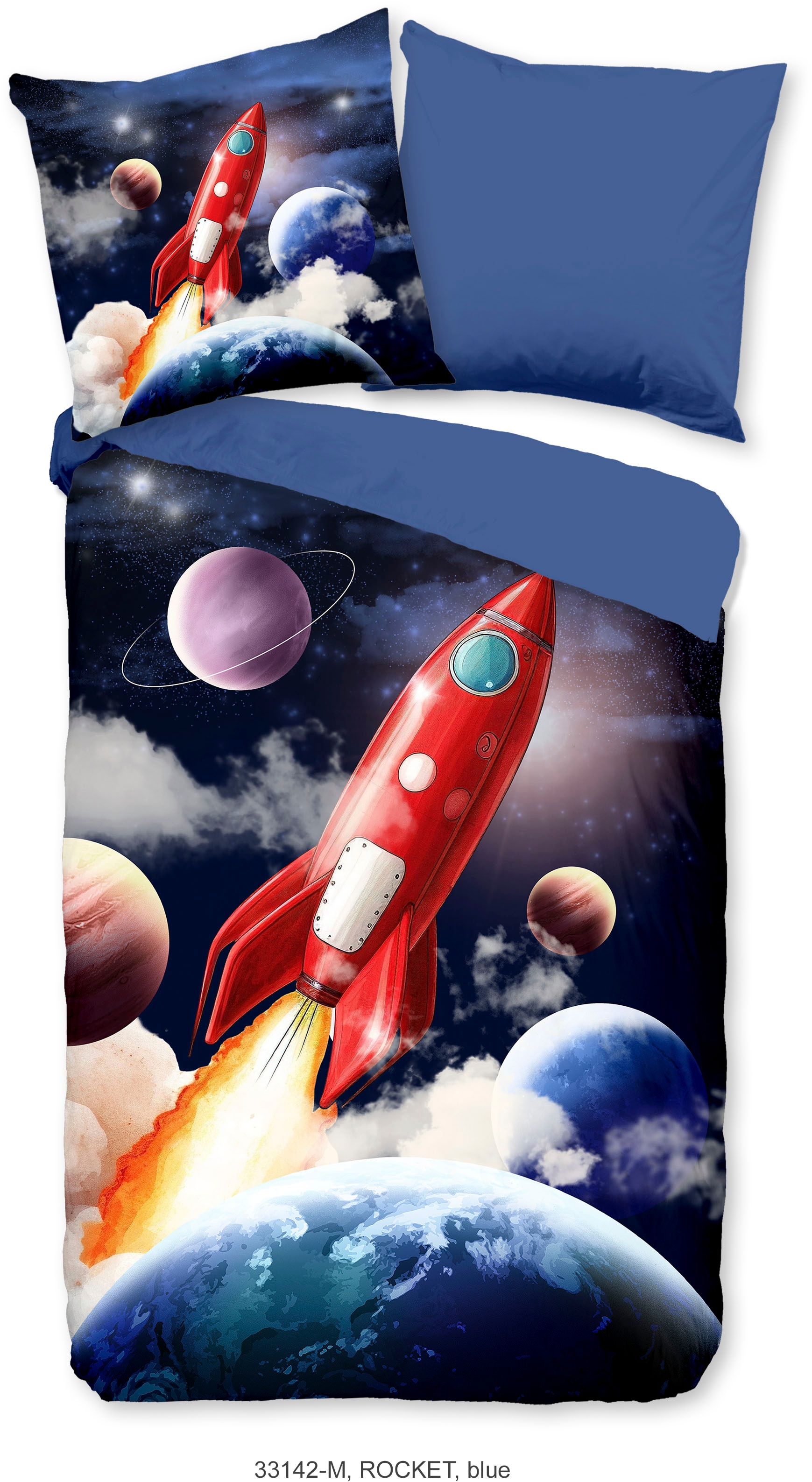 PURE luxury collection Kinderbettwäsche "Rocket", Mikrofaser, 135x200, Wende, Kind, Junge, Rakete Weltraum Weltall, Blau