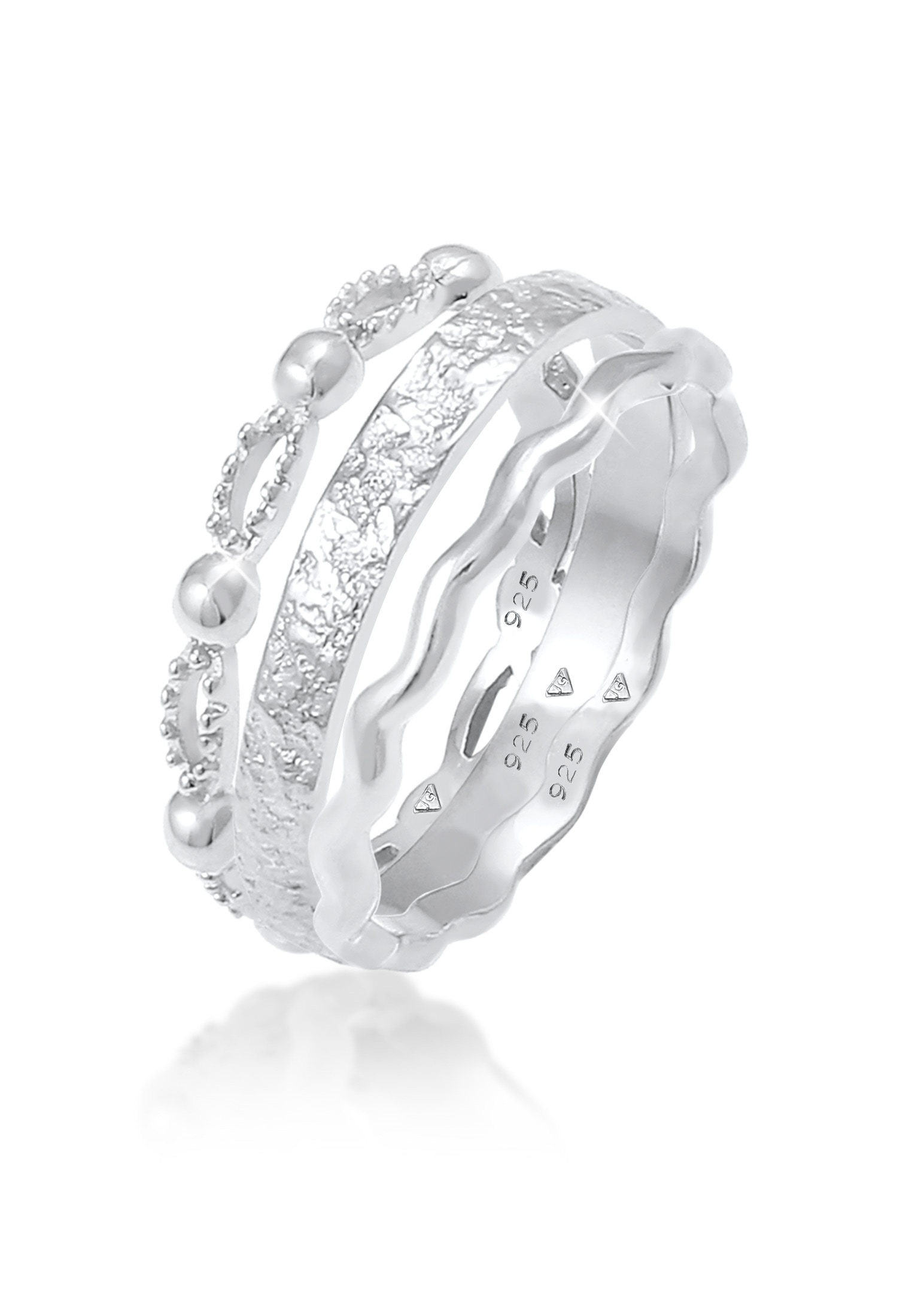 "Ring-Set ELLI ""Ring Stabelringe Gehämmert Wellen (3 tlg.) 925 Silber"" Gr. 54, silber, Fingerringe, Damen, 54, ohne Stein, Silber 925