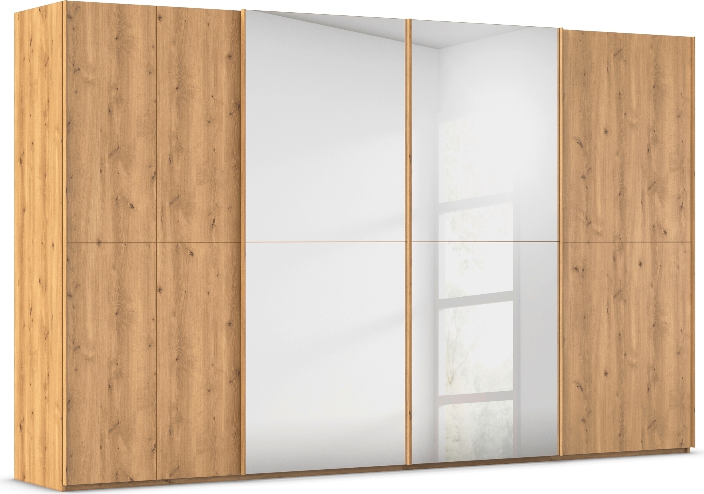 rauch Schwebetürenschrank "Kleiderschrank Schrank Garderobe Schlafzimmerschrank SCALE-WOOD" edle geteilte Front in massiver Asteiche mit Spiegel MADE IN GERMANY